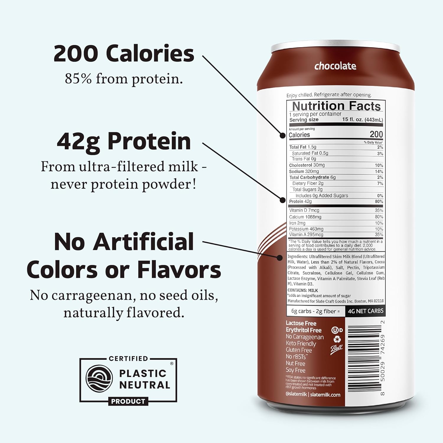 Slate Milk - Ultra Protein Shake - Vanilla - 42g Protein, 1g Sugar, 180 Calories, 1g Net Carbs - Lactose Free, No Added Sugar - Made with Ultra Filtered Milk - Breakfast Boost, Post Workout - 15 fl oz, 12 Cans