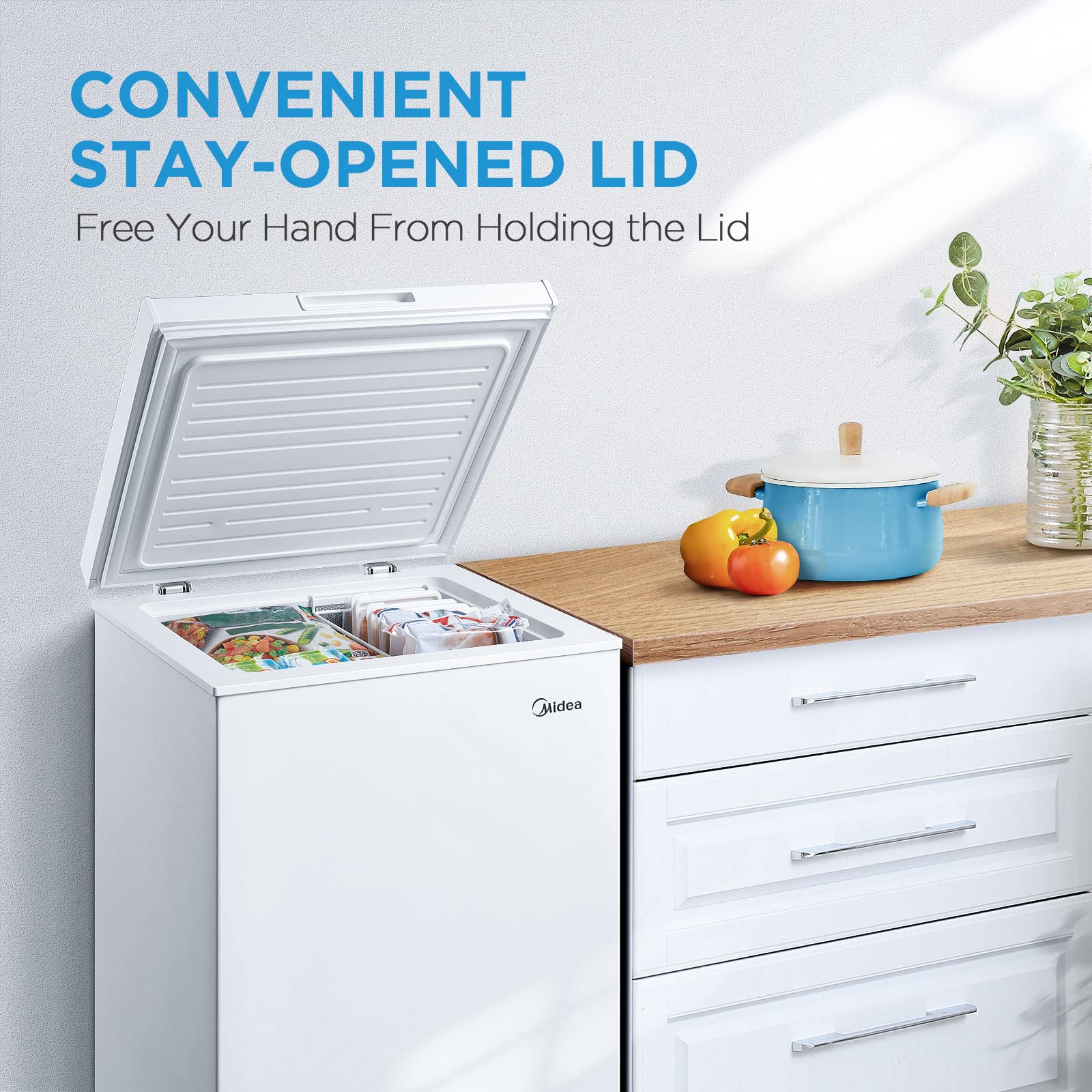 Midea MERC04C4BAWW Chest Freezer, 3.5 Cubic Feet Freezer With Removable Basket, Interior LED Light, Adjustable Temperature, For Kitchen Apartment Office, White