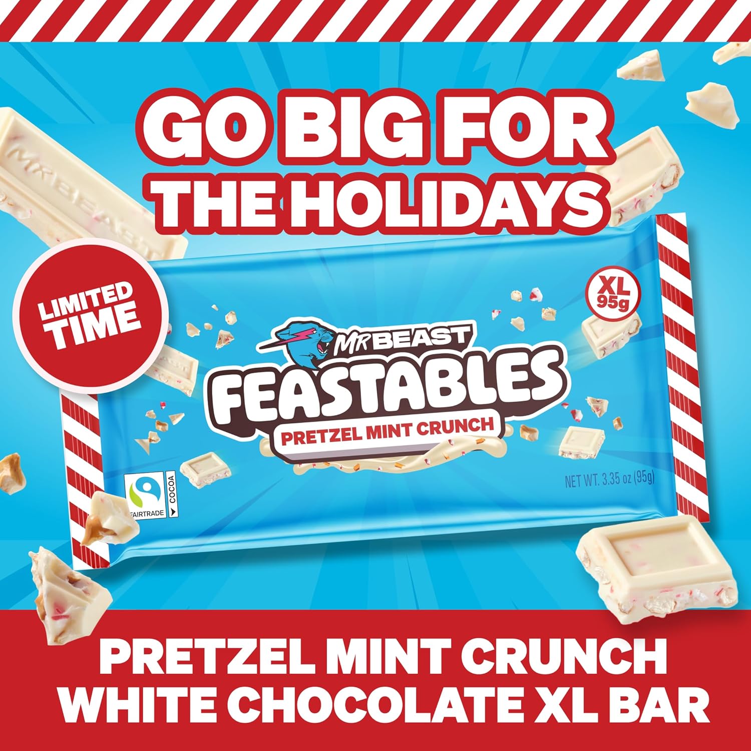 Feastables MrBeast Pretzel Mint Fudge Crunch Bar, Extra Large Size Candy Bar for Adults & Kids, Candy Bars for Snacks, Gifts, or Dessert, Made With Fairtrade Cocoa, 3.35 Oz Each, 12 Count