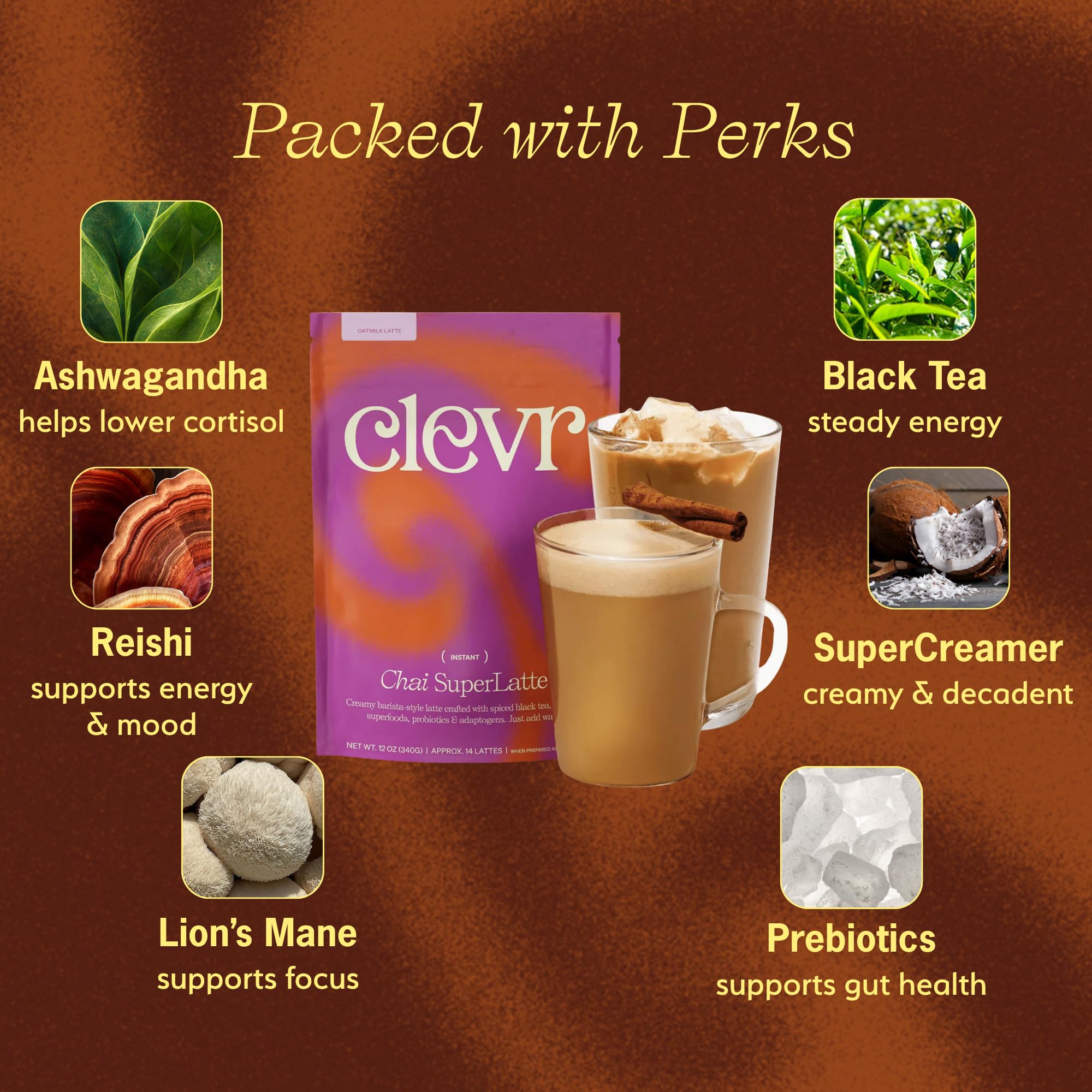 Clevr Organic Matcha Green Tea Latte, Instant Ceremonial Grade, Superfood Powder Blend with Oat Milk, Lions Mane, Reishi Mushroom, Coconut Cream, Ashwagandha, Serve Hot or Iced, (14 Lattes)