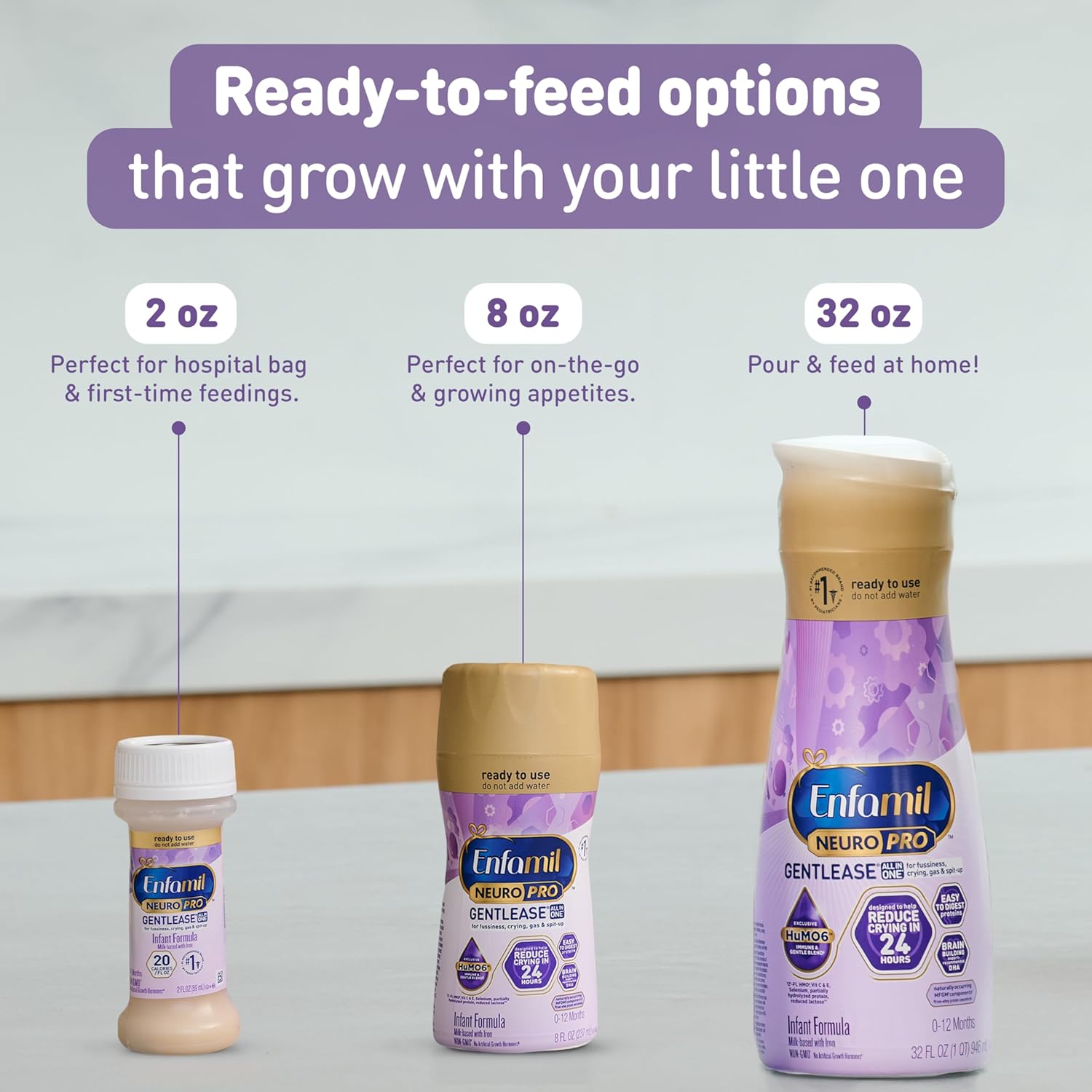 Enfamil NeuroPro Gentlease Ready-to-Feed with Smaller Proteins for Easy Digestion, Brain Supporting DHA, Prebiotic, HuMO6* Blend, Baby Formula for easing Fussiness, Crying, Gas, Spit-up in 24hrs, 32 Fl Oz,Liquid, Pack of 6