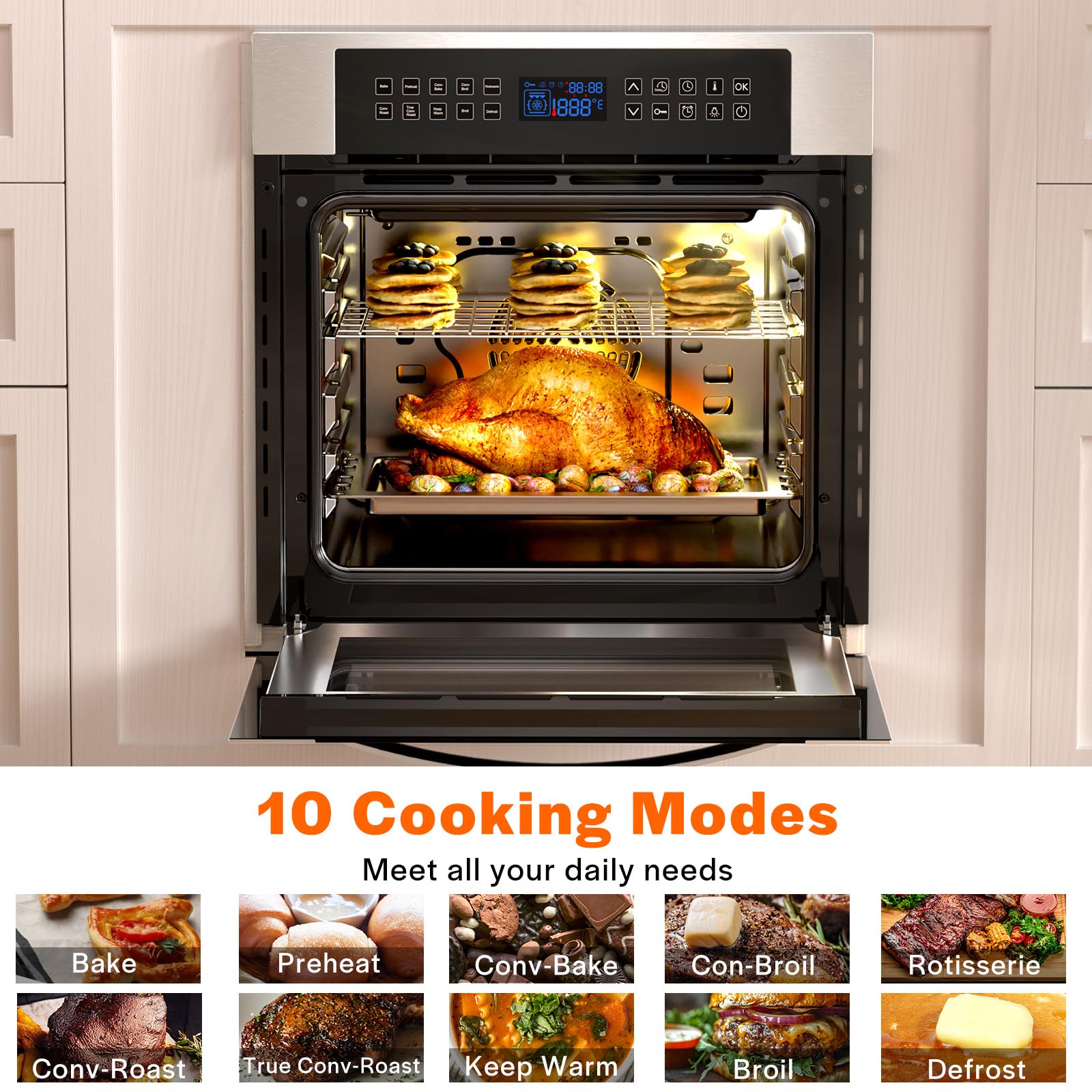 Empava 24 Inch Electric Single Wall Oven 10 Cooking Functions Deluxe 360° ROTISSERIE with Sensitive Touch Control in Stainless Steel, C02