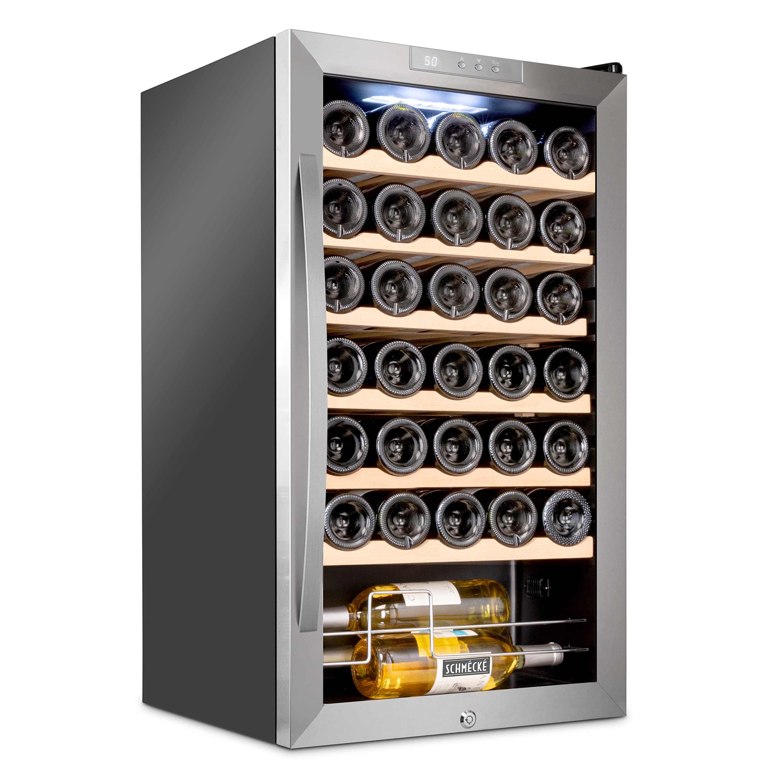 SCHMECKE 28 Bottle Compressor Wine Cooler Refrigerator w/Lock - Large Freestanding Wine Cellar - 41f-64f Digital Temperature Control Wine Fridge For Red, White, Champagne or Sparkling Wine - Black