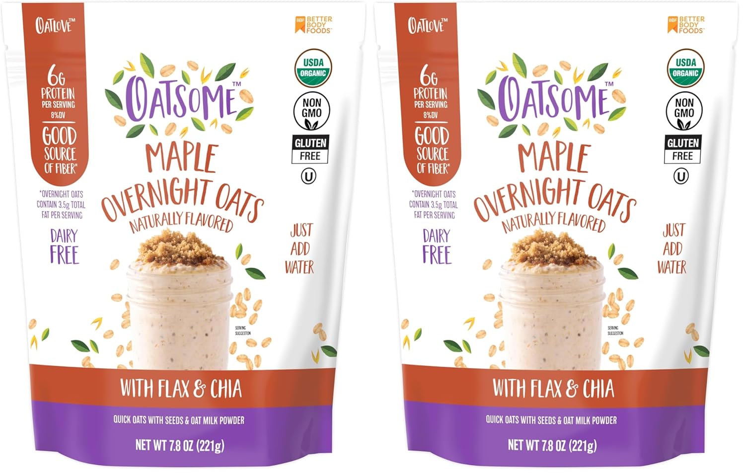 Oatsome Organic Overnight Oats with Chia, Flax, & Hemp, Gluten-Free Oatmeal with 7g of Protein, 2 lb 8 oz (40oz) Bag
