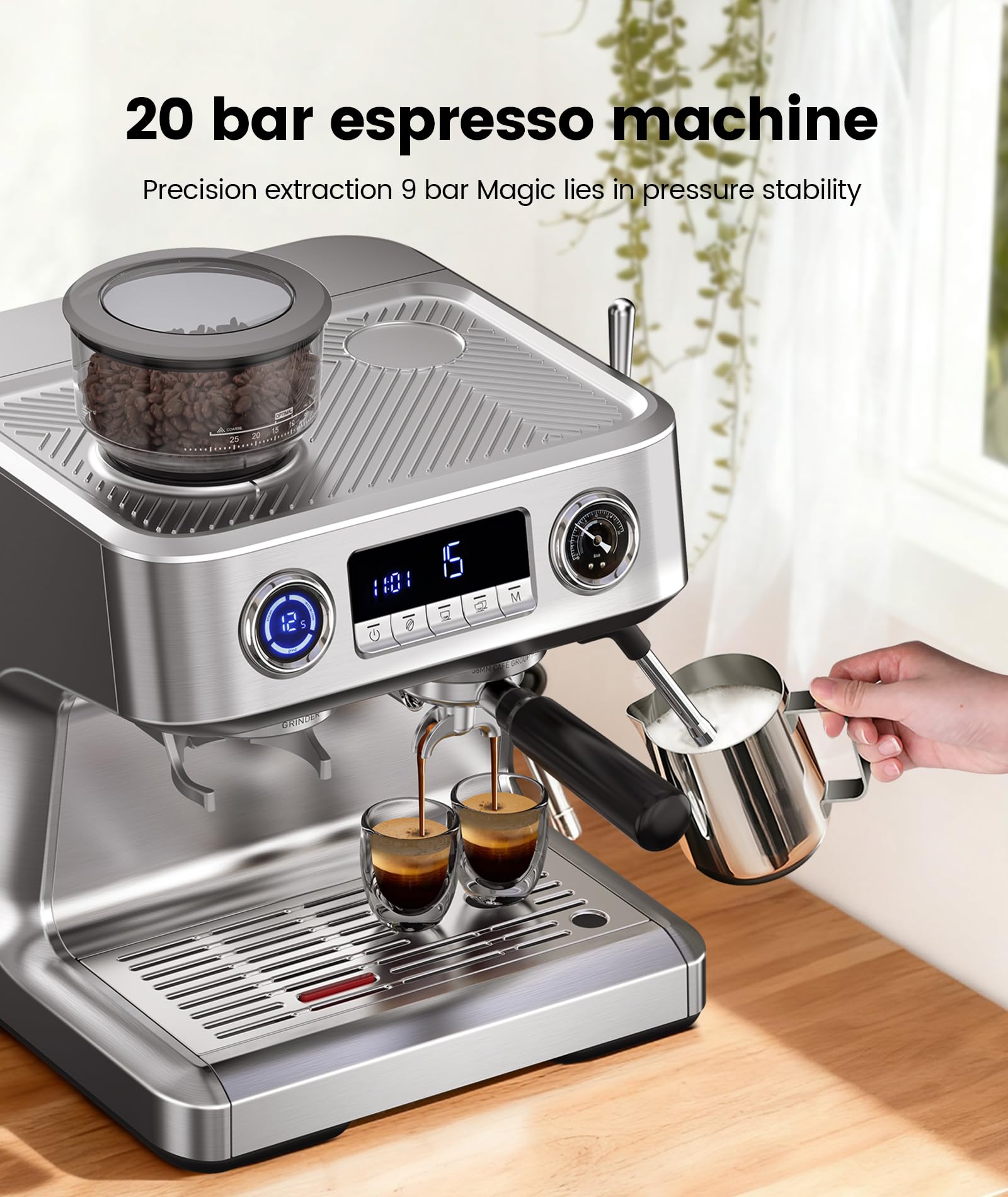 COWSAR 20 Bar Espresso Machine with Grinder & Milk Frother Steam Wand, 58mm Expresso Coffee machines, Commercial Stainless Steel Coffee Maker for Cappuccino and Latte, Perfect for Home Café-Pro