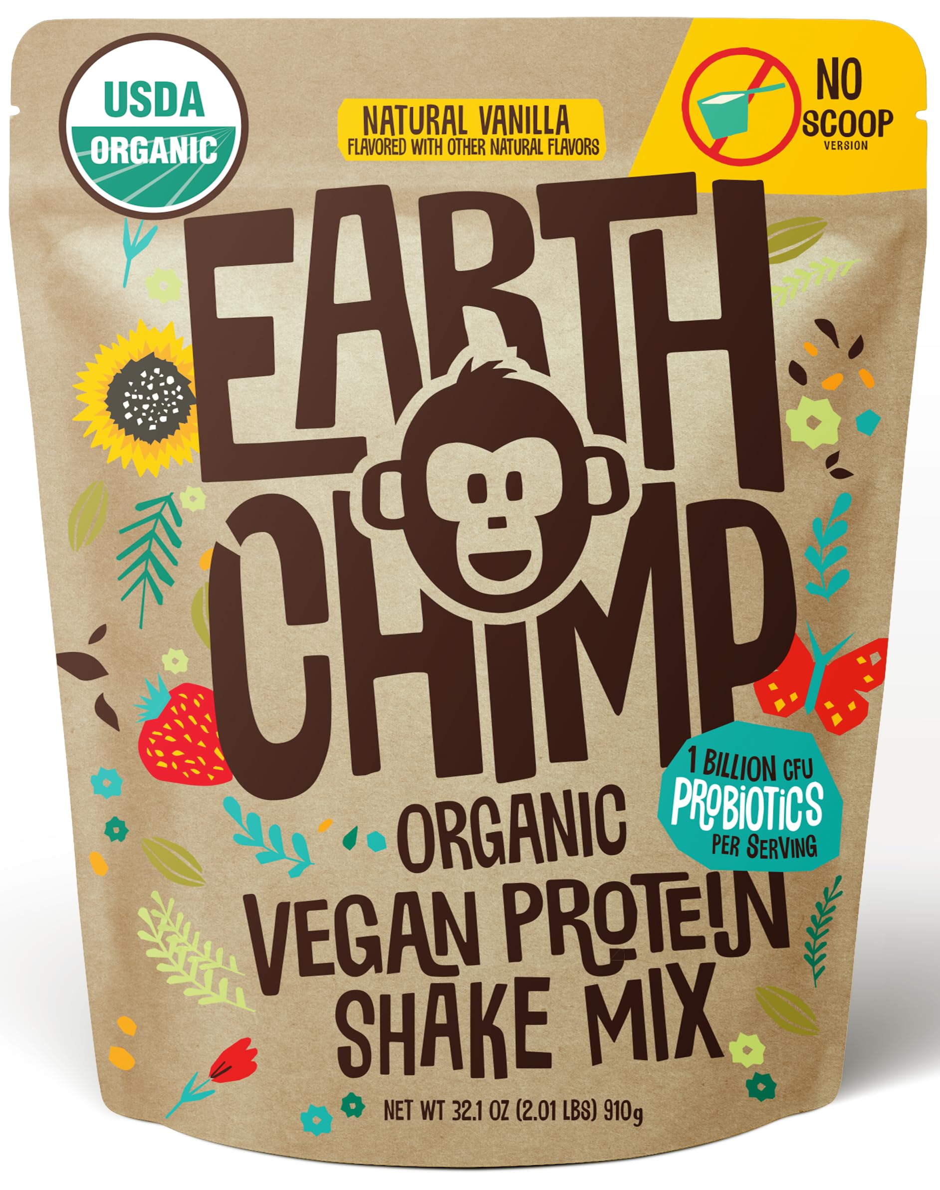 EarthChimp Organic Vegan Protein Powder - with Probiotics - Non GMO, Dairy Free, Non Whey, Plant Based Protein Powder for Women and Men, Gluten Free - 26 Servings 32 Oz (Chocolate)