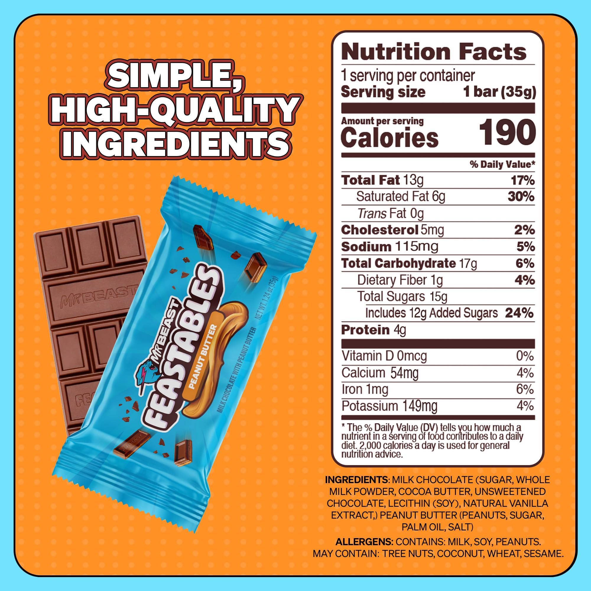 Feastables MrBeast Milk Chocolate Chocolate Bar, Full Size Bar for Adults & Kids, Candy Bars, Snacks, Gifts, or Dessert, Sweet & Creamy Fairtrade Cocoa, 1.24 Oz Each, 24 Count