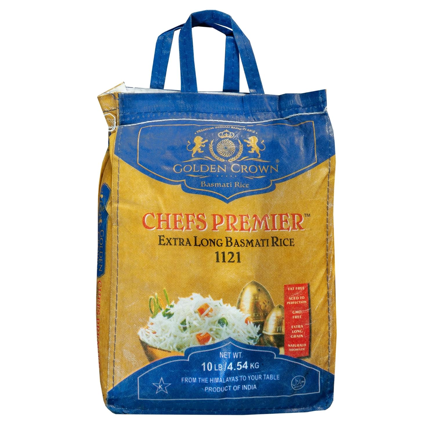 Golden Crown Traditional Premium Basmati Rice - 160 oz (10LB) | Naturally Aromatic & Aged Gluten | Chemical + Fat-Free Extra Long Authentic Fragrant | Fiber Vegan Halal Kosher Whole grains