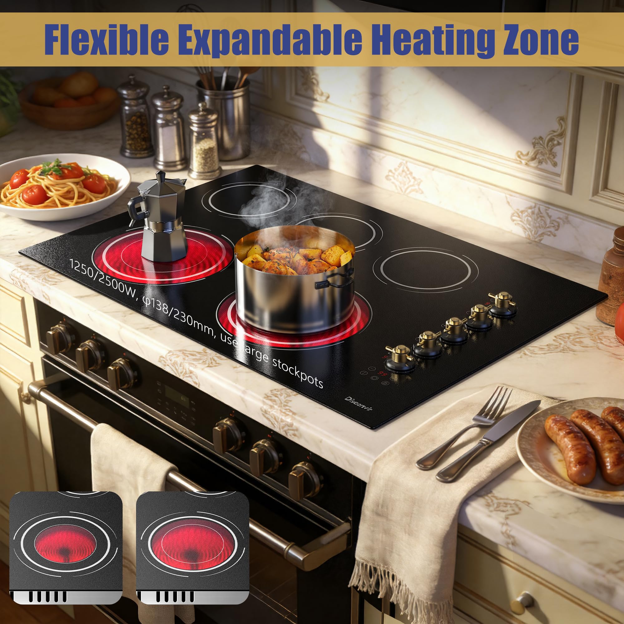 Disaenvir 29.13 Inch (Cut-out Size: 29.13"x19.3") Electric Cooktop - 30 Inch 9000W Powerful 5 Burner Electric Stovetop, Built-in Ceramic Stove 30“, Timer, Safety Lock, Pause, 240V Hard Wired (No Plug)