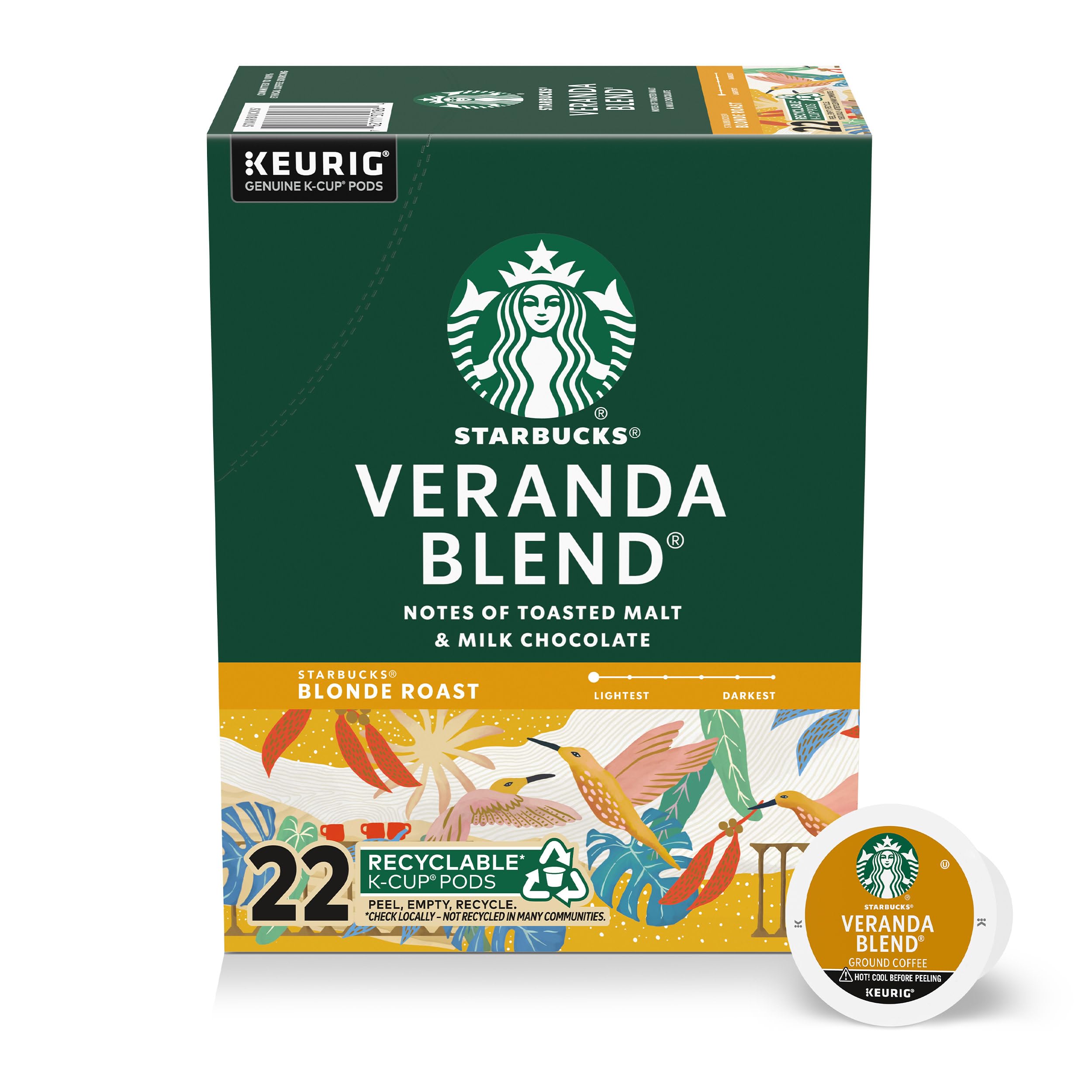 Starbucks K-Cup Coffee Pods, Starbucks Blonde Roast Hot or Iced Coffee, Veranda Blend, 96 Keurig Pods