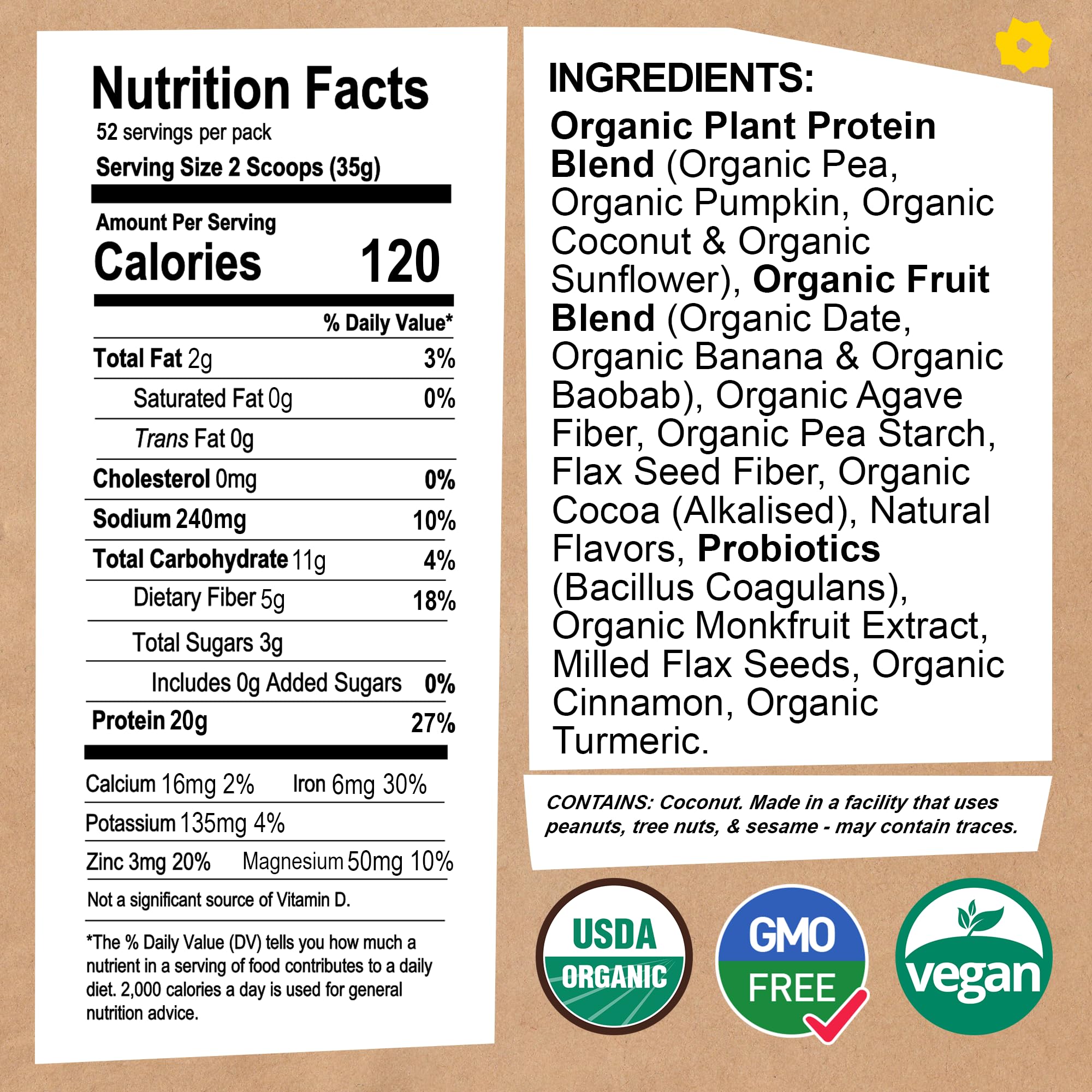 EarthChimp Organic Vegan Protein Powder - with Probiotics - Non GMO, Dairy Free, Non Whey, Plant Based Protein Powder for Women and Men, Gluten Free - 26 Servings 32 Oz (Chocolate)