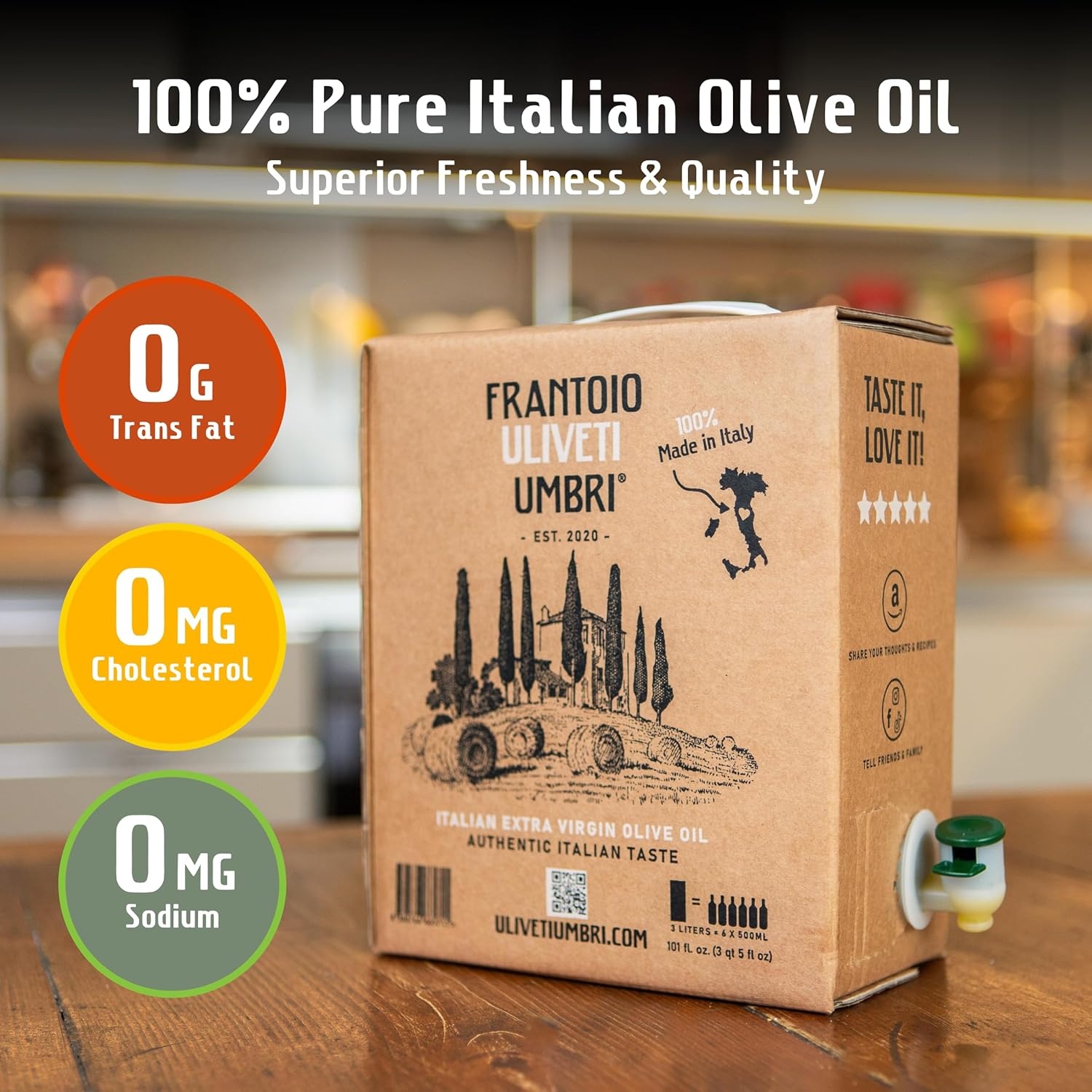 Frantoio Uliveti Umbri Bag in Box Olive Oil | Authentic Italian Extra Virgin Olive Oil | Perfect for Finishes and Dressings | Cold Pressed 100% Made in Italy | Bag-in-Box 3L (101.4 Fl Oz)