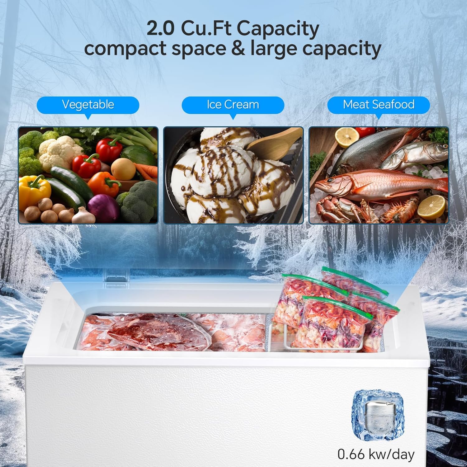 Kismile 2.8 Cubic Feet Chest Freezer with 2 Removable Basket Free Standing Top Open Door Compact Freezer with Adjustable Temperature for Home/Kitchen/Office/Bar