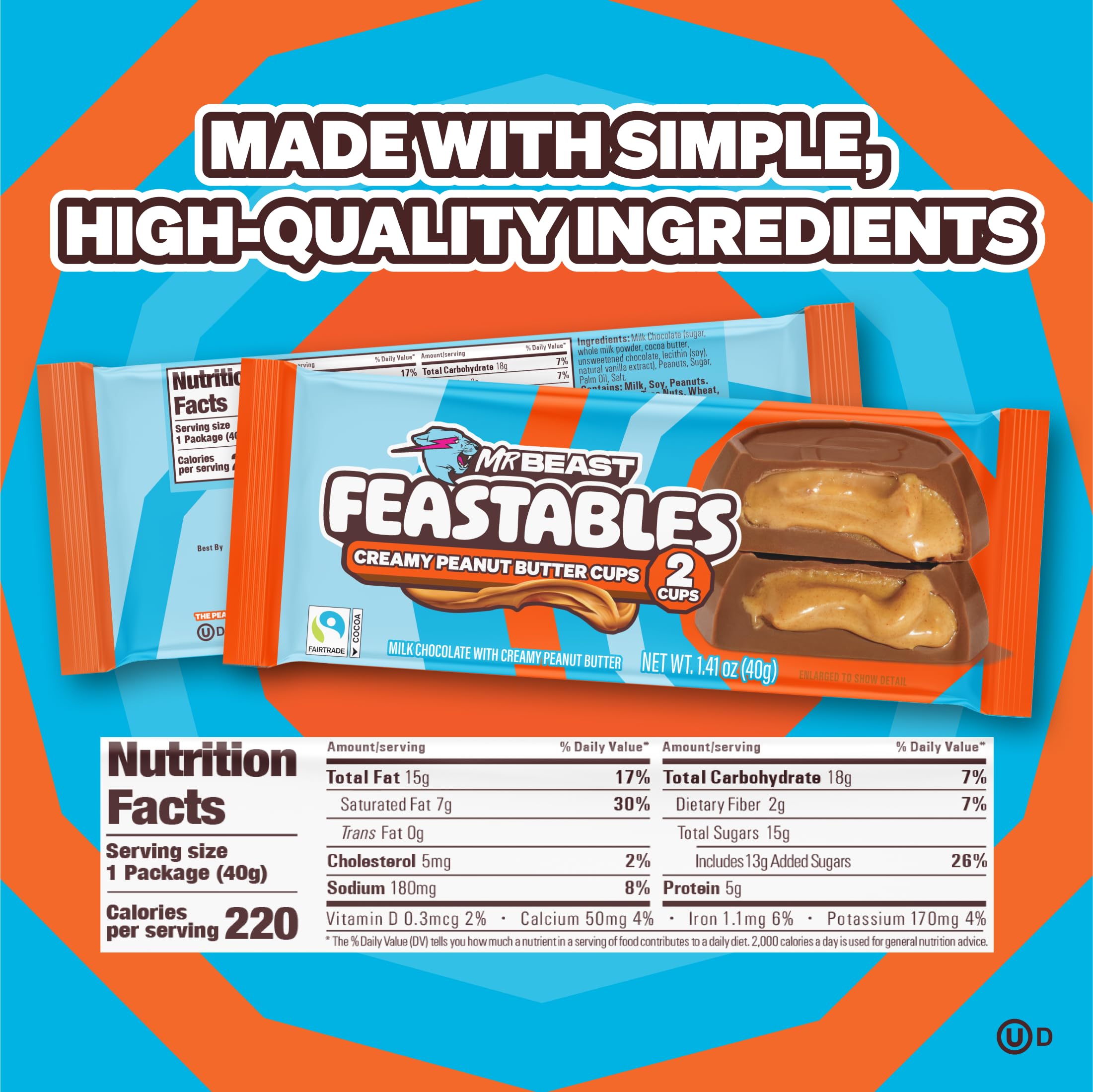 Feastables MrBeast Peanut Butter Jack-O-Lantern, Milk Chocolate & Creamy Peanut Butter Filling, Cups for Adults & Kids, Chocolate Candy for Halloween Snacks, Made With Fairtrade Cocoa, 30 Count