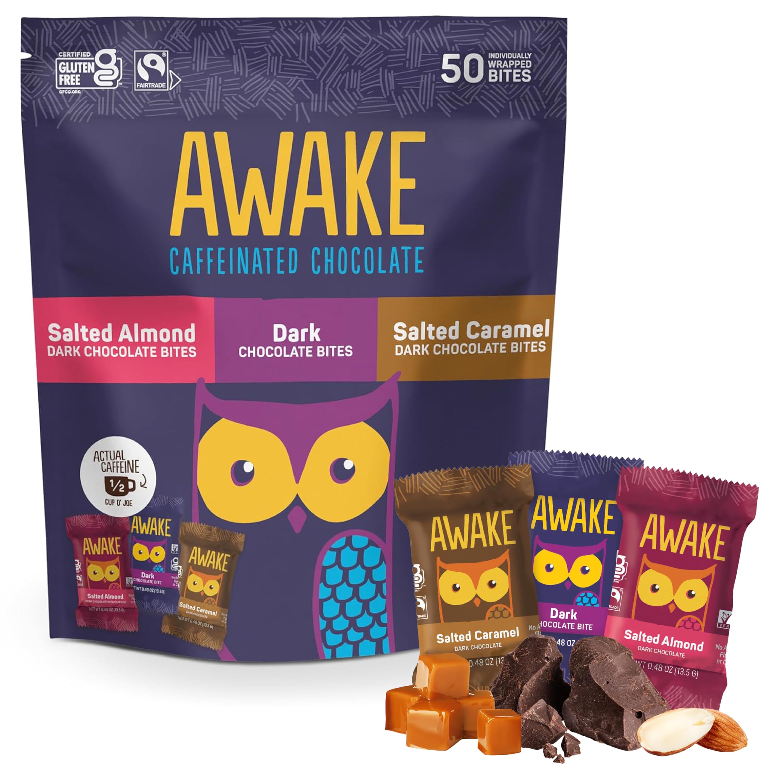 AWAKE - Caffeinated Chocolate Bites - Caramel Milk Chocolate, 50 Bites - 50mg Caffeine - Individually Wrapped Energy Bites - Coffee Alternative - Fairtrade, Gluten Free, Non GMO - 0.48oz