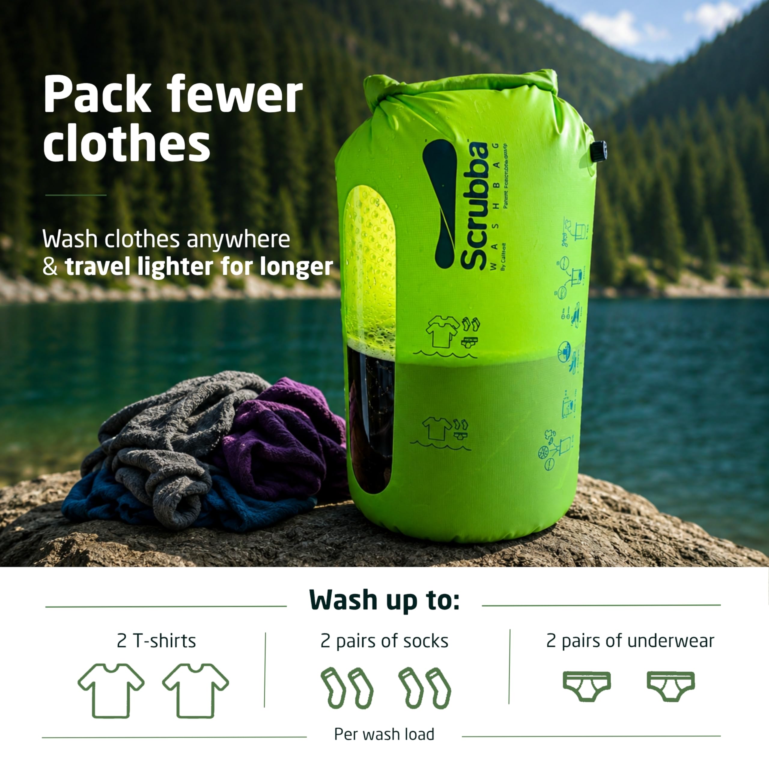Scrubba Wash Bag - Patented Washboard-in-a-Bag™ Portable Travel Washing Machine for Camping, Backpacking, Cruises & Hotels - Pack Light, Wash Clothes Anywhere in Minutes (5 oz)