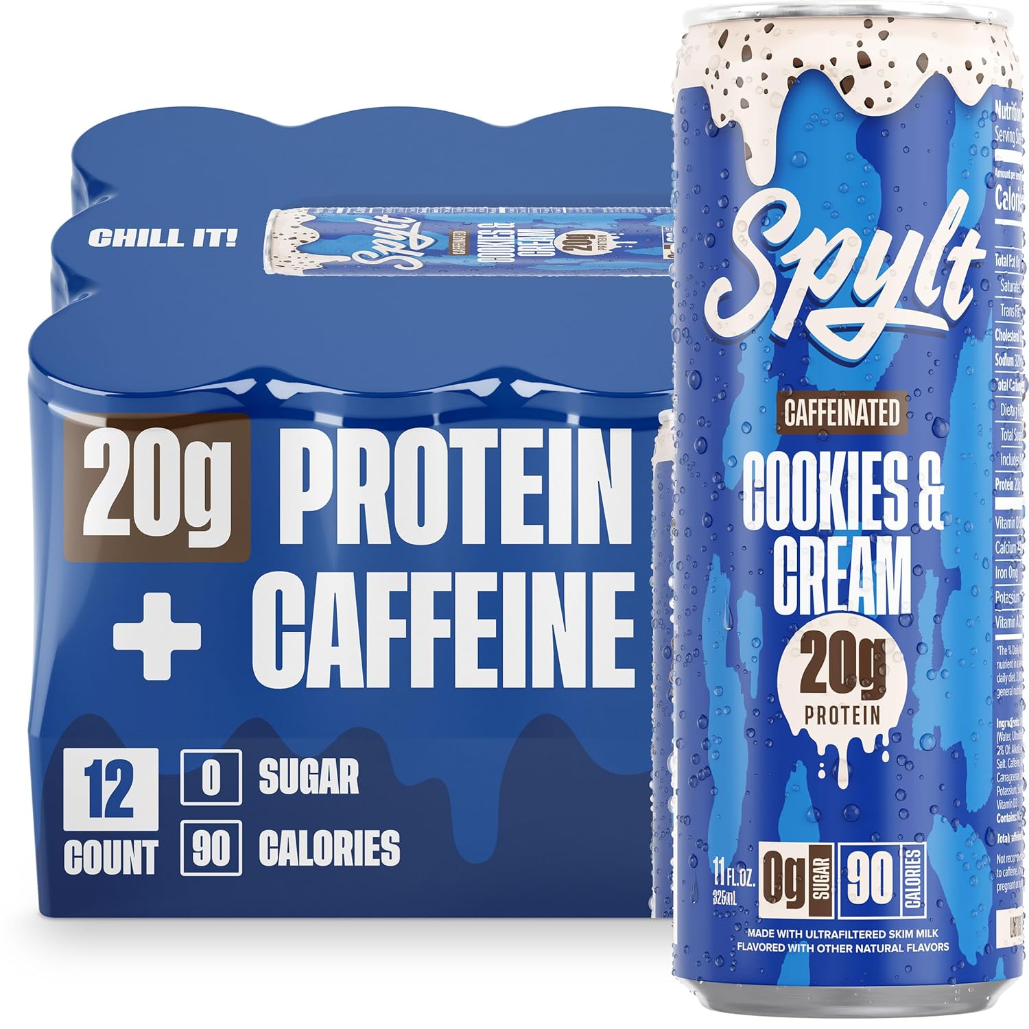 Spylt High Protein Vanilla Milkshake with 60mg Caffeine & 20g Protein - 90 Calories, Ready to Drink, Sugar Free, Lactose Free Milk, Perfect for Workout Recovery & Afternoon Pick Me Up - 12 Count