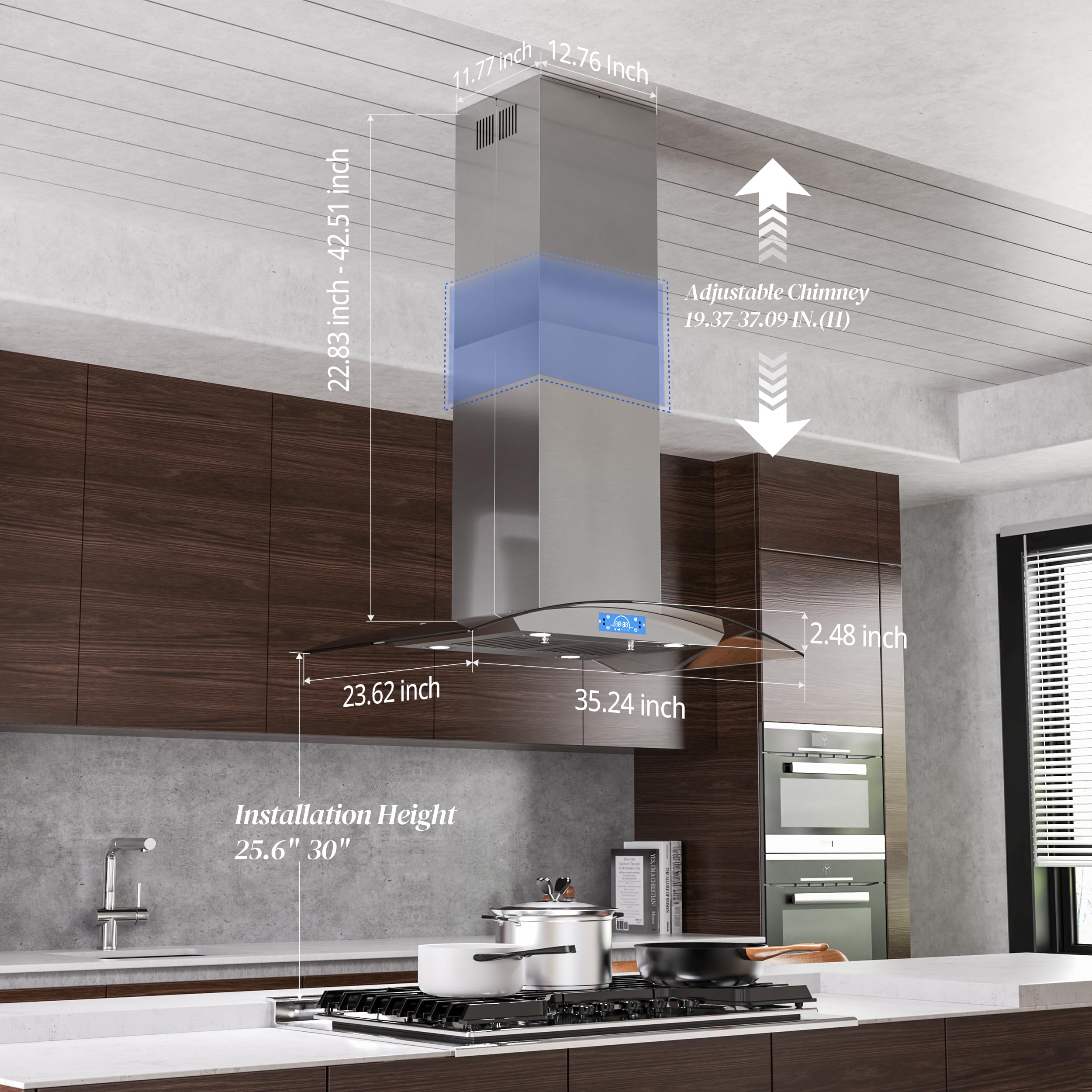 FIREGAS Island Range Hood 30 inch 700 CFM with Chimney, Ceiling Mount Kitchen Vent Hood with Tempered Glass, 4 LED Lights, Permanent Filters, Premium Touch Control Panel, Includes Charcoal Filter