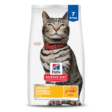 Hill's Science Diet Urinary Hairball Control, Adult 1-6, Urinary Track Health & Hairball Control Support, Dry Cat Food, Chicken Recipe, 7 lb Bag