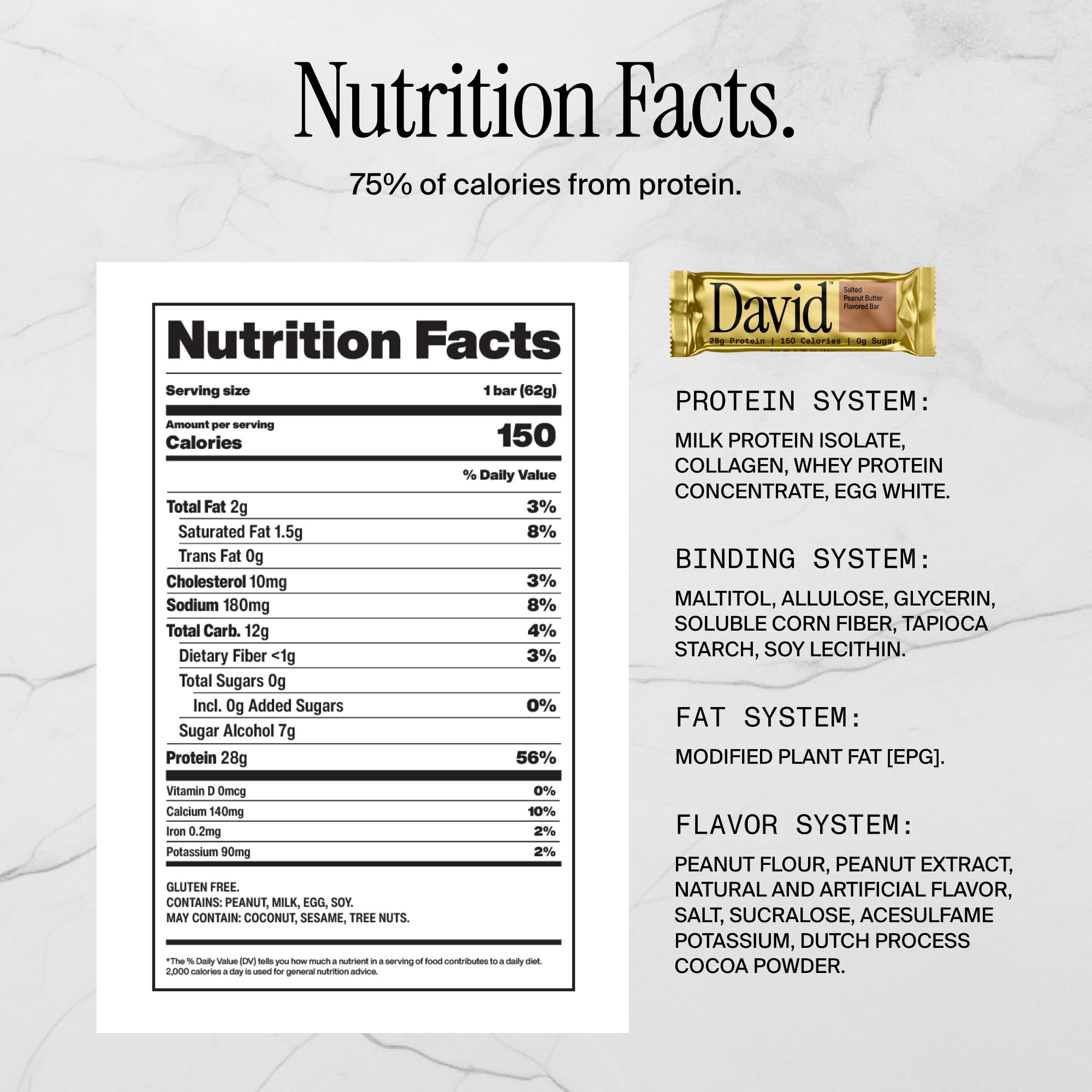 David High Protein Bars No Sugar - Sugar Free Protein Bars, Low Carb, Gluten Free - 28g of Protein, 150 Calories - David Bar On-The-Go Snack - Peanut Butter Chocolate Chunk Flavor, Pack of 12