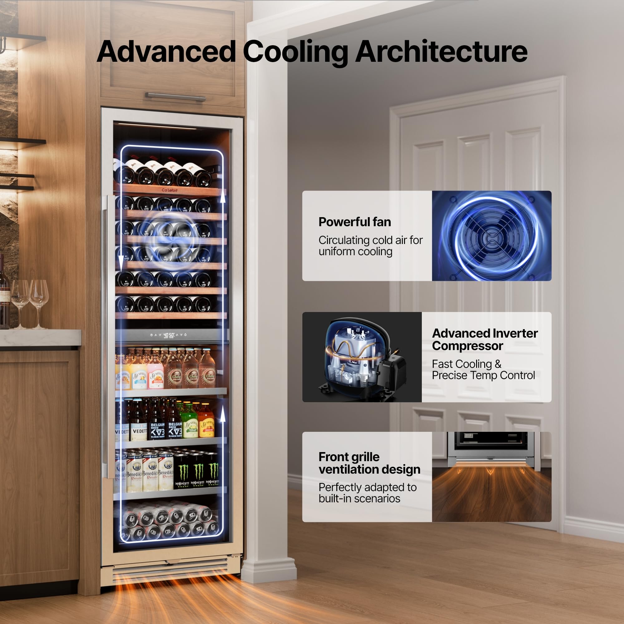 Ca'Lefort 15 Inch Wine Fridge, 33 Bottle Wine Cooler Refrigerator, 40-65°F Wine Refrigerator Glass Door, 3 LED Wine Fridge, Built-in or Freestanding Fridge for Home/Bar/Kitchen (3.0 cu.ft)