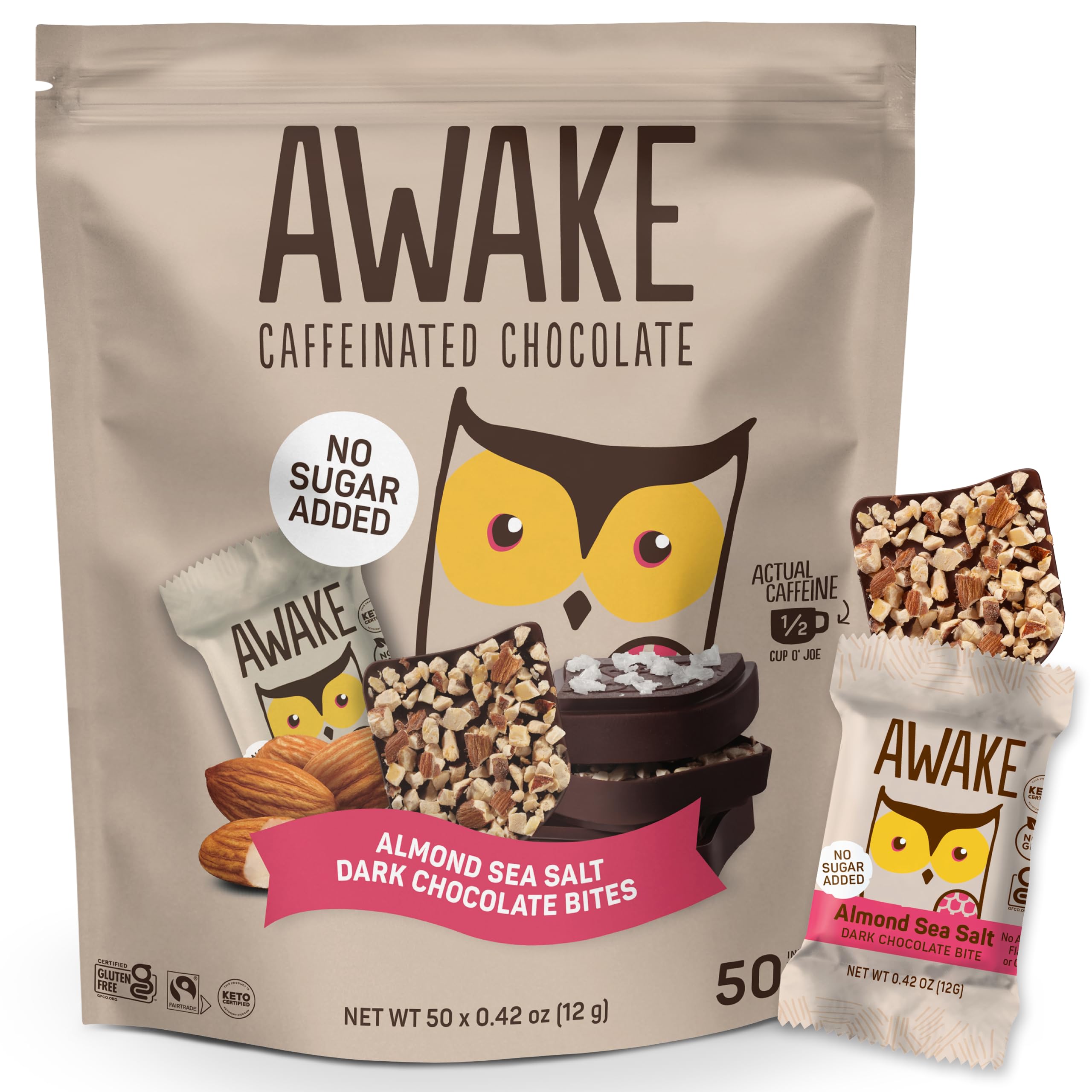 AWAKE - Caffeinated Chocolate Bites - Caramel Milk Chocolate, 50 Bites - 50mg Caffeine - Individually Wrapped Energy Bites - Coffee Alternative - Fairtrade, Gluten Free, Non GMO - 0.48oz