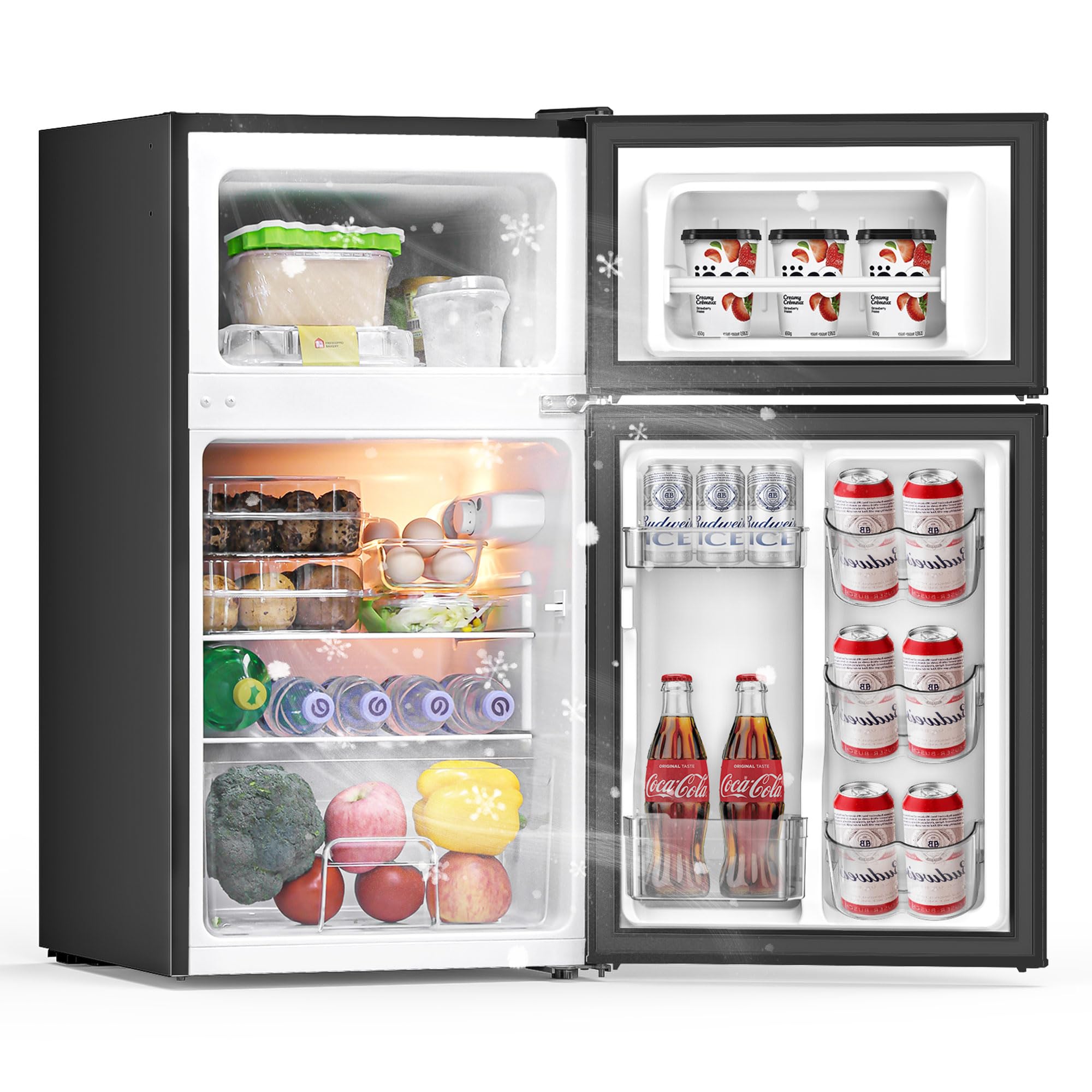 Frostorm 3.2 Cu Ft Mini Fridge with Freezer - Energy Efficient, Large Capacity Single Door Upright Freezer for Bedroom, Office & Dorm | Small Fridge, Reversible Door, ETL Certified(Black)