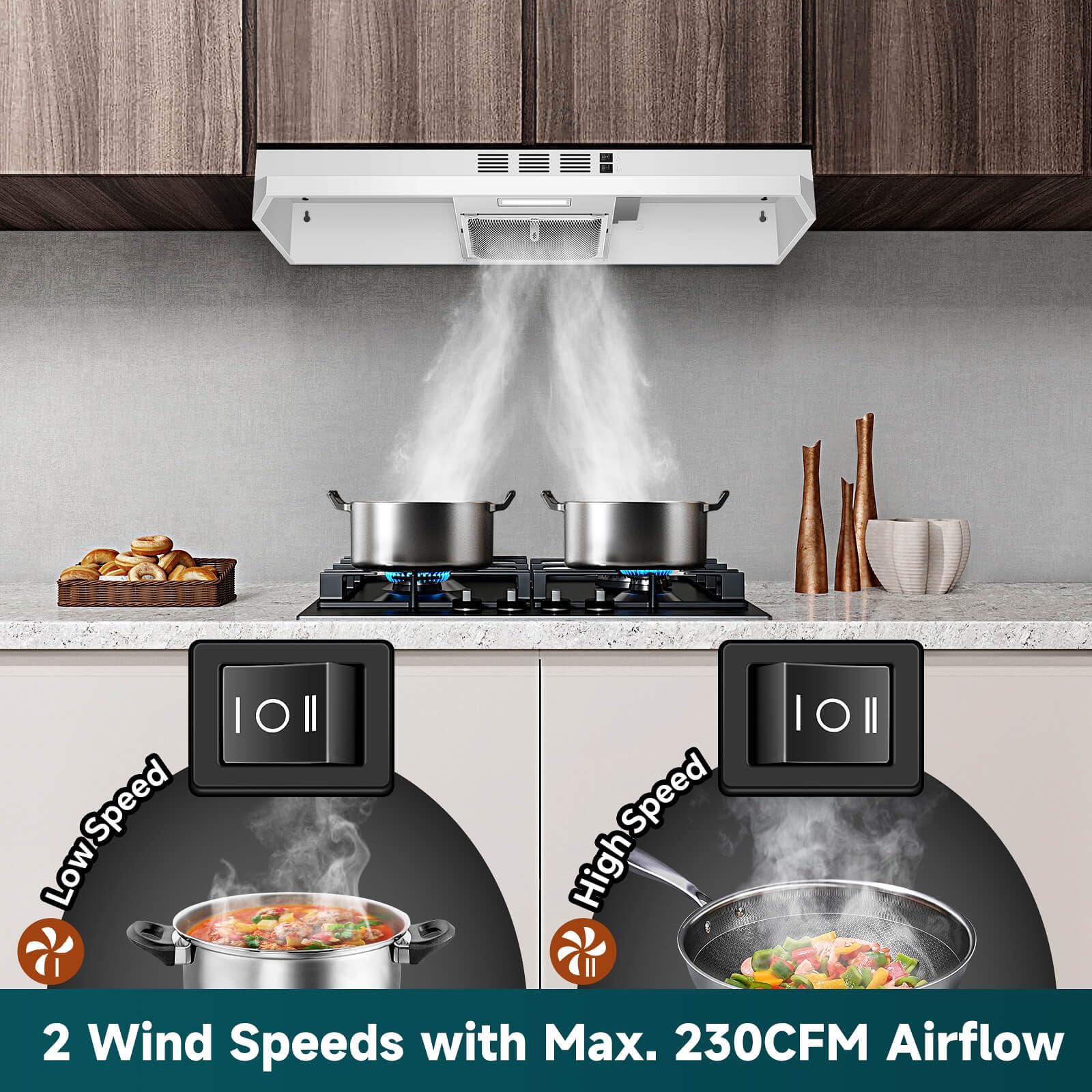 SNDOAS Range Hood 30 inch Under Cabinet, Ducted/Ductless Convertible Kitchen Hood, Stainless Steel Vent Hood with LED Light,Under Cabinet Hood with 2 Speed Exhaust Fan,Black