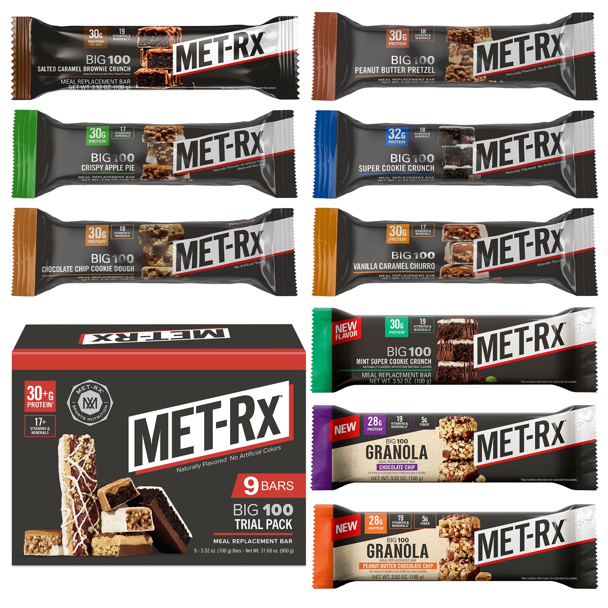 MET-Rx Big 100 Protein Bar, Meal Replacement Bar, 32G Protein, Super Cookie Crunch, 9 Bars (Pack of 1)