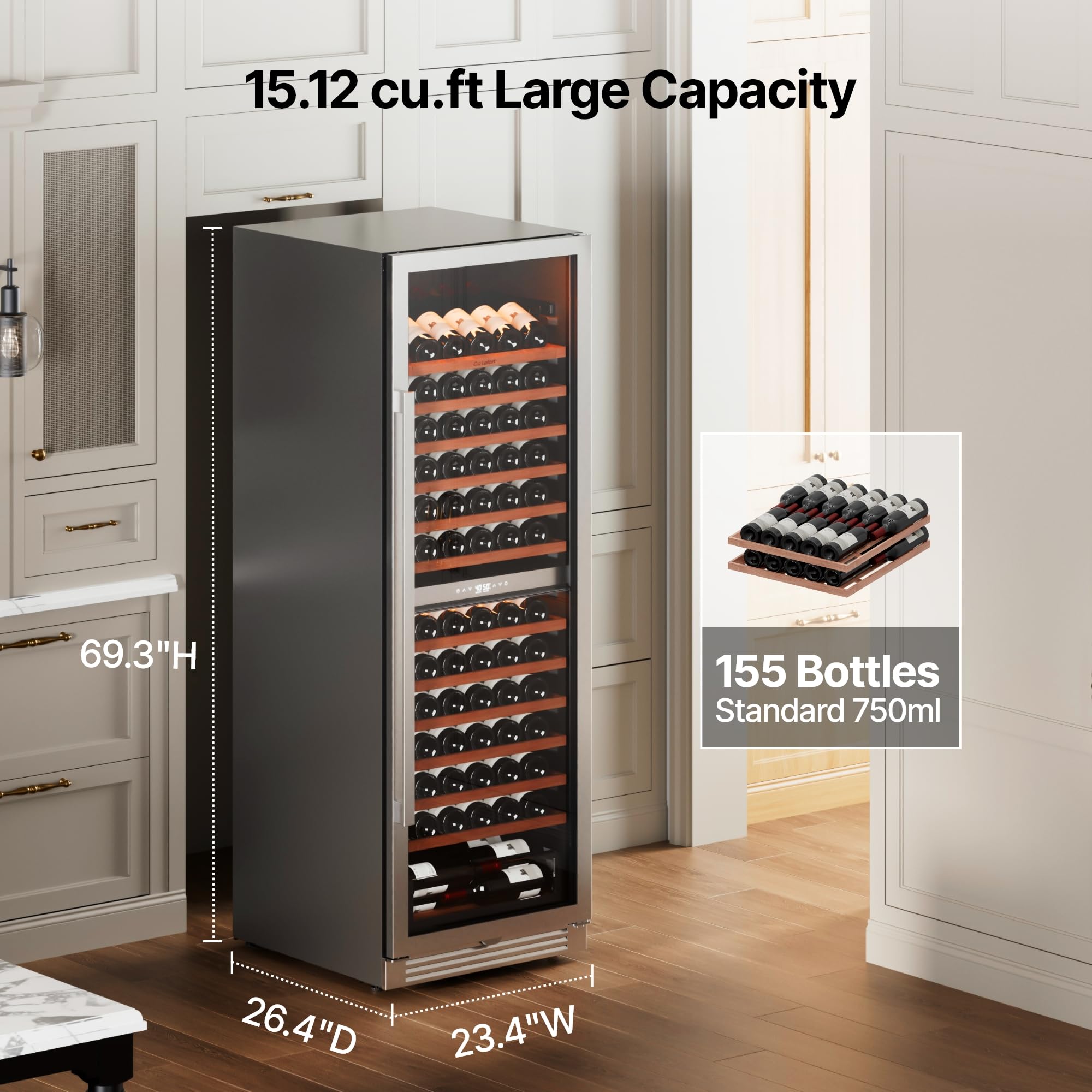 Ca'Lefort 15 Inch Wine Fridge, 33 Bottle Wine Cooler Refrigerator, 40-65°F Wine Refrigerator Glass Door, 3 LED Wine Fridge, Built-in or Freestanding Fridge for Home/Bar/Kitchen (3.0 cu.ft)