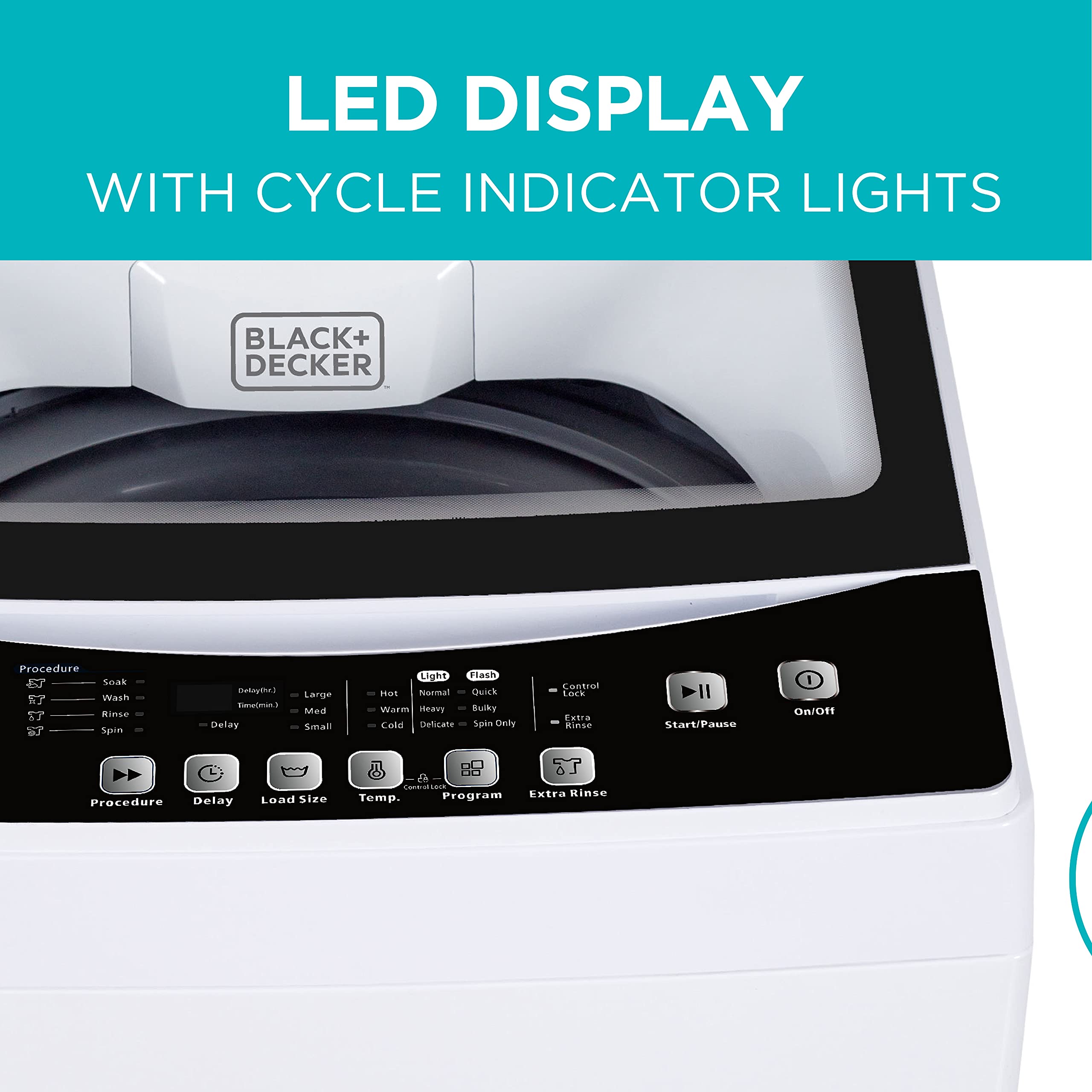 BLACK+DECKER Small Portable Washer, Washing Machine for Household Use, Portable Washer 2.0 Cu. Ft. with 6 Cycles, Transparent Lid & LED Display