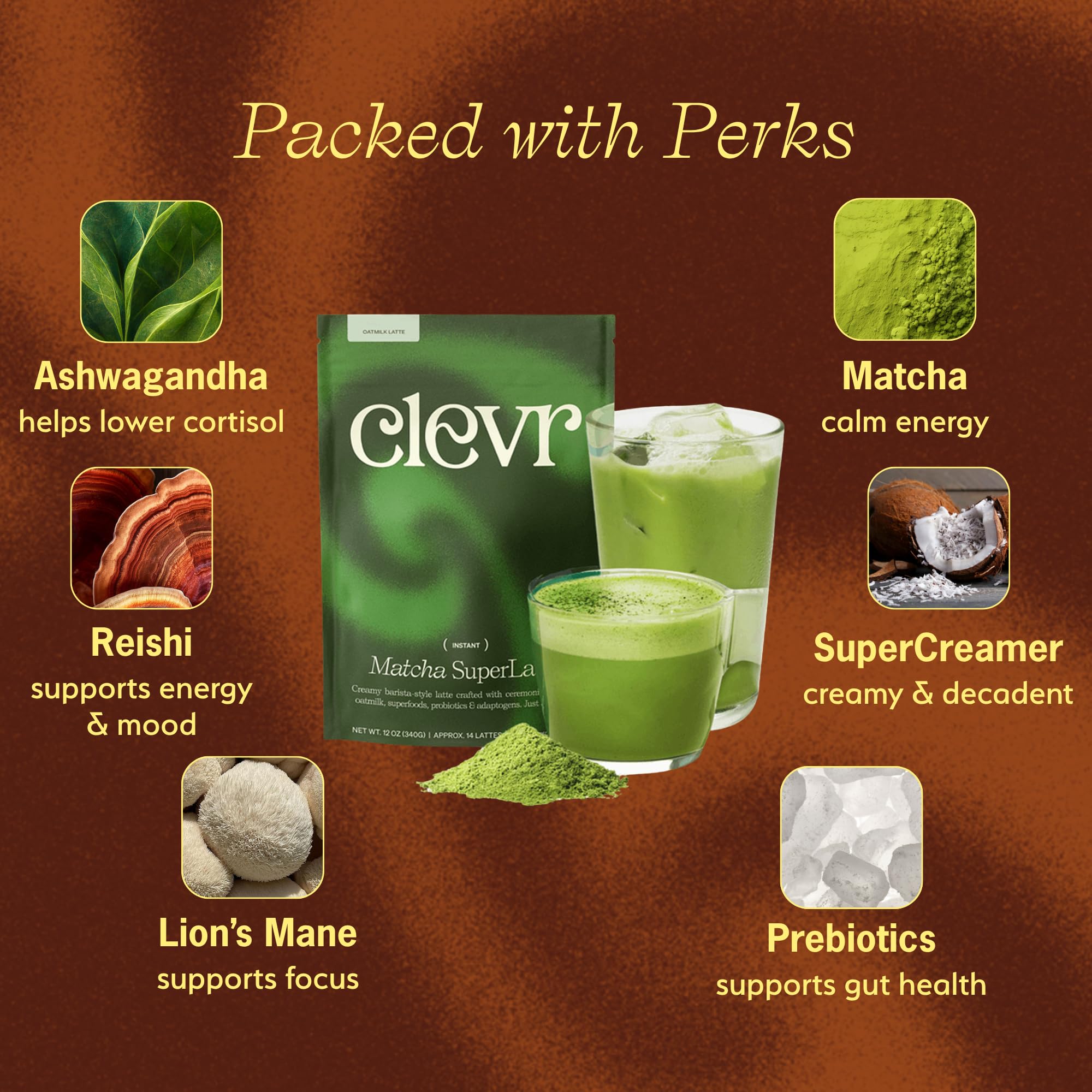 Clevr Organic Matcha Green Tea Latte, Instant Ceremonial Grade, Superfood Powder Blend with Oat Milk, Lions Mane, Reishi Mushroom, Coconut Cream, Ashwagandha, Serve Hot or Iced, (14 Lattes)