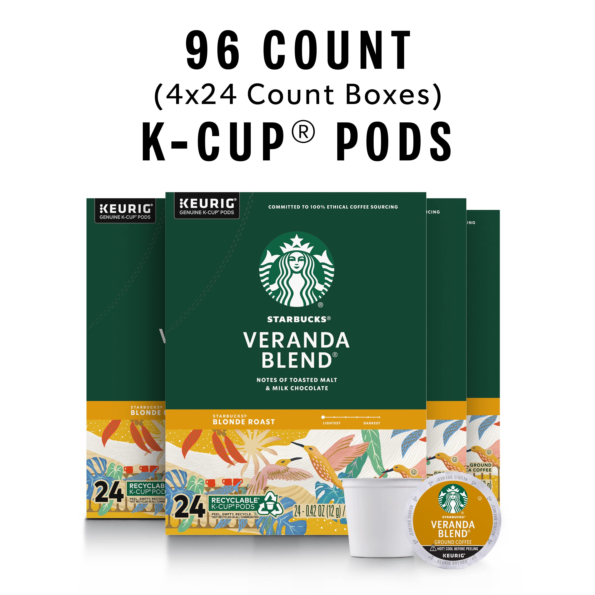 Starbucks K-Cup Coffee Pods, Starbucks Blonde Roast Hot or Iced Coffee, Veranda Blend, 96 Keurig Pods