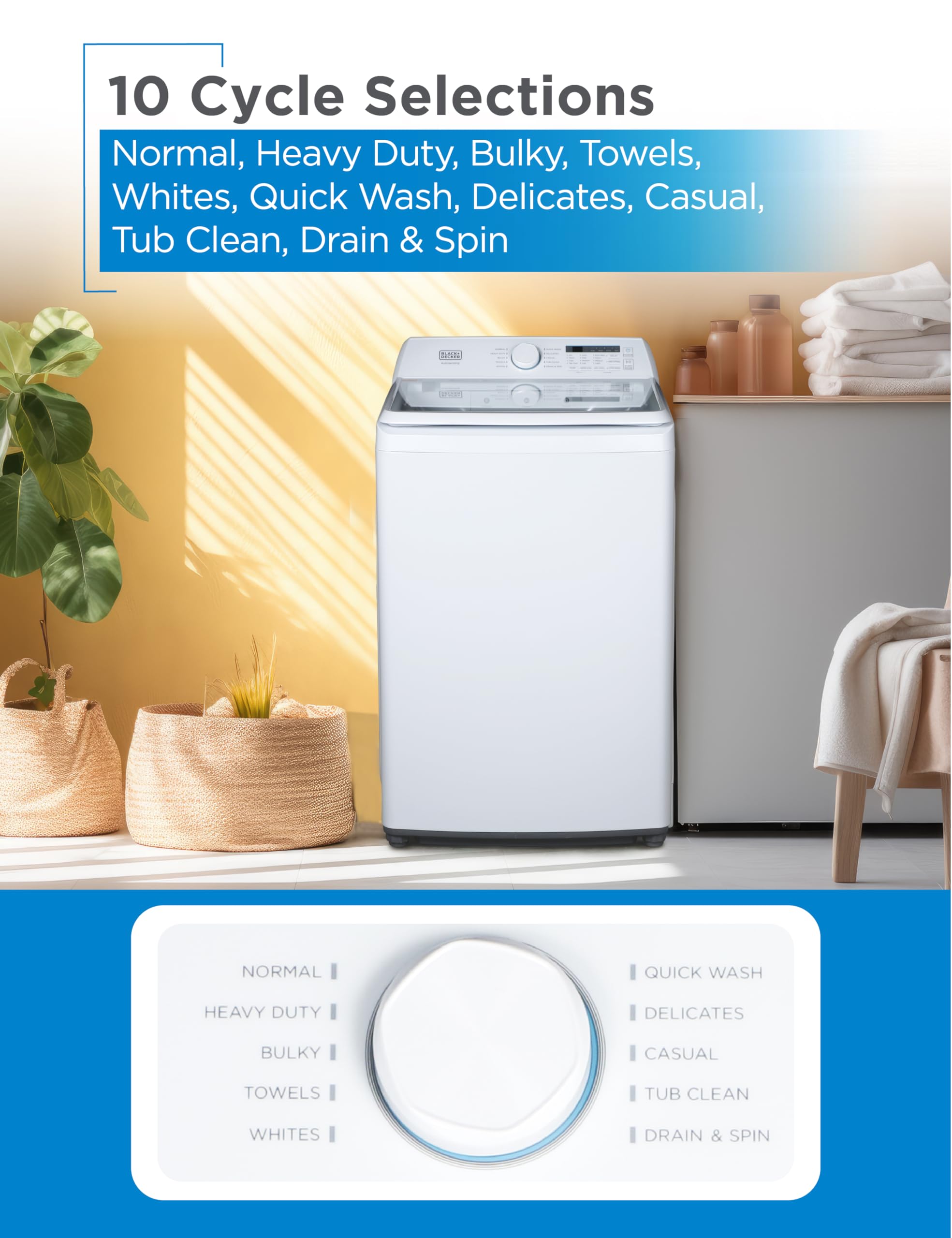 BLACK+DECKER Small Portable Washer, Washing Machine for Household Use, Portable Washer 2.0 Cu. Ft. with 6 Cycles, Transparent Lid & LED Display