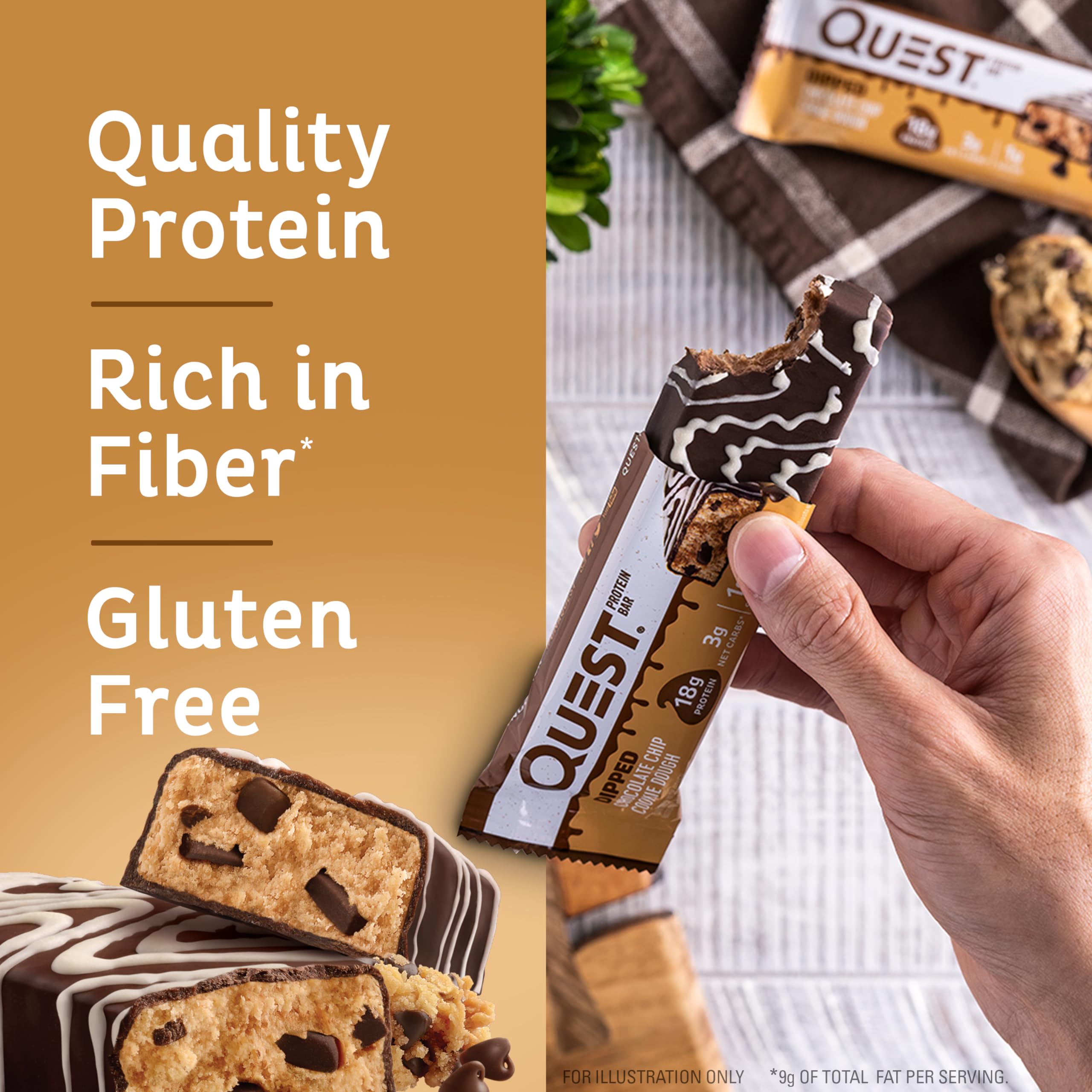 Quest Nutrition Chocolate Chip Dough Cookie Protein Bars, 21g Protein, 1g Sugar, 4g Net Carb, High Fiber, Gluten Free, Keto Friendy, 12 Count