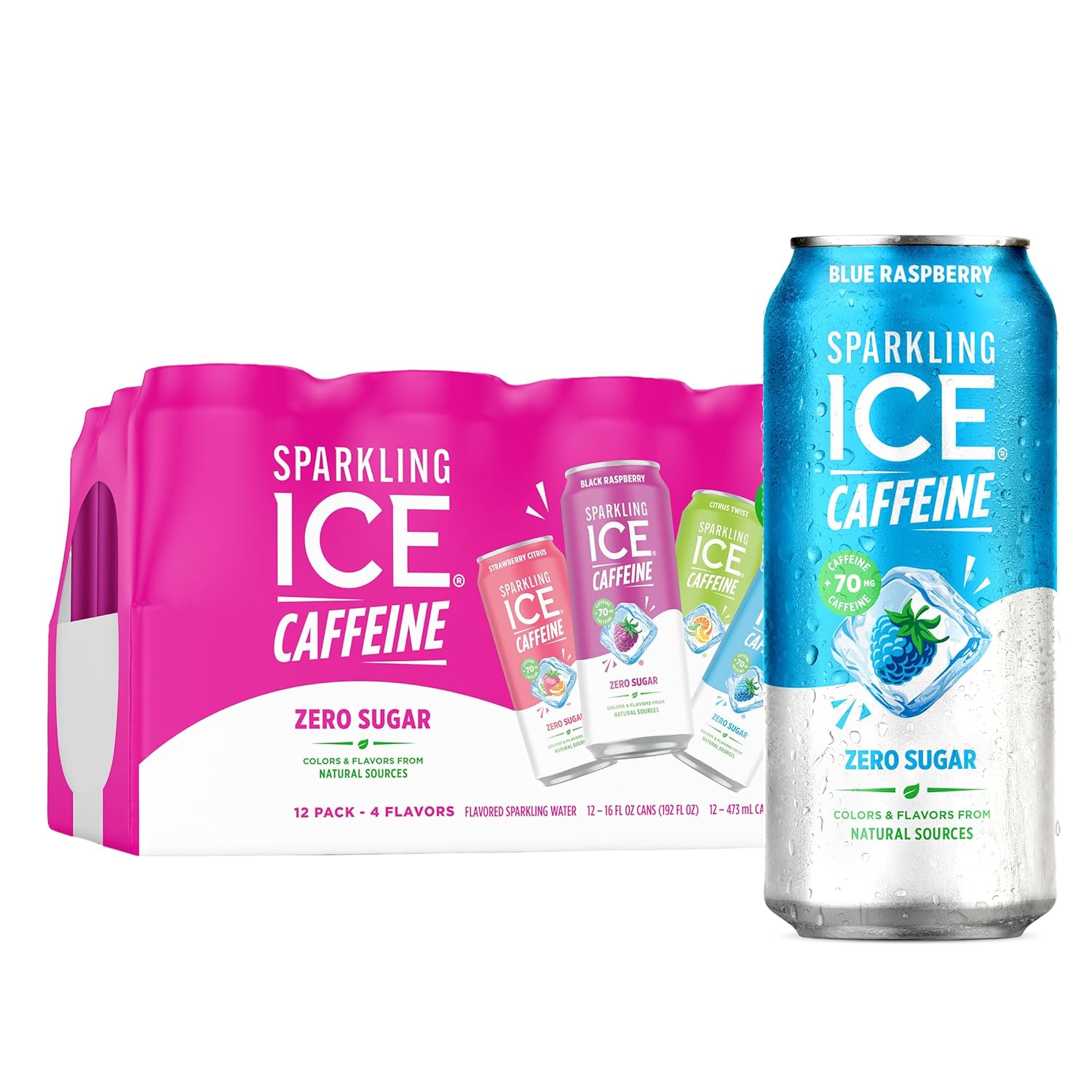 Sparkling Ice Caffeine Blue Raspberry Sparkling Water with Caffeine, Zero Sugar, with Antioxidants and Vitamins,16 fl oz Cans (Pack Of 12)