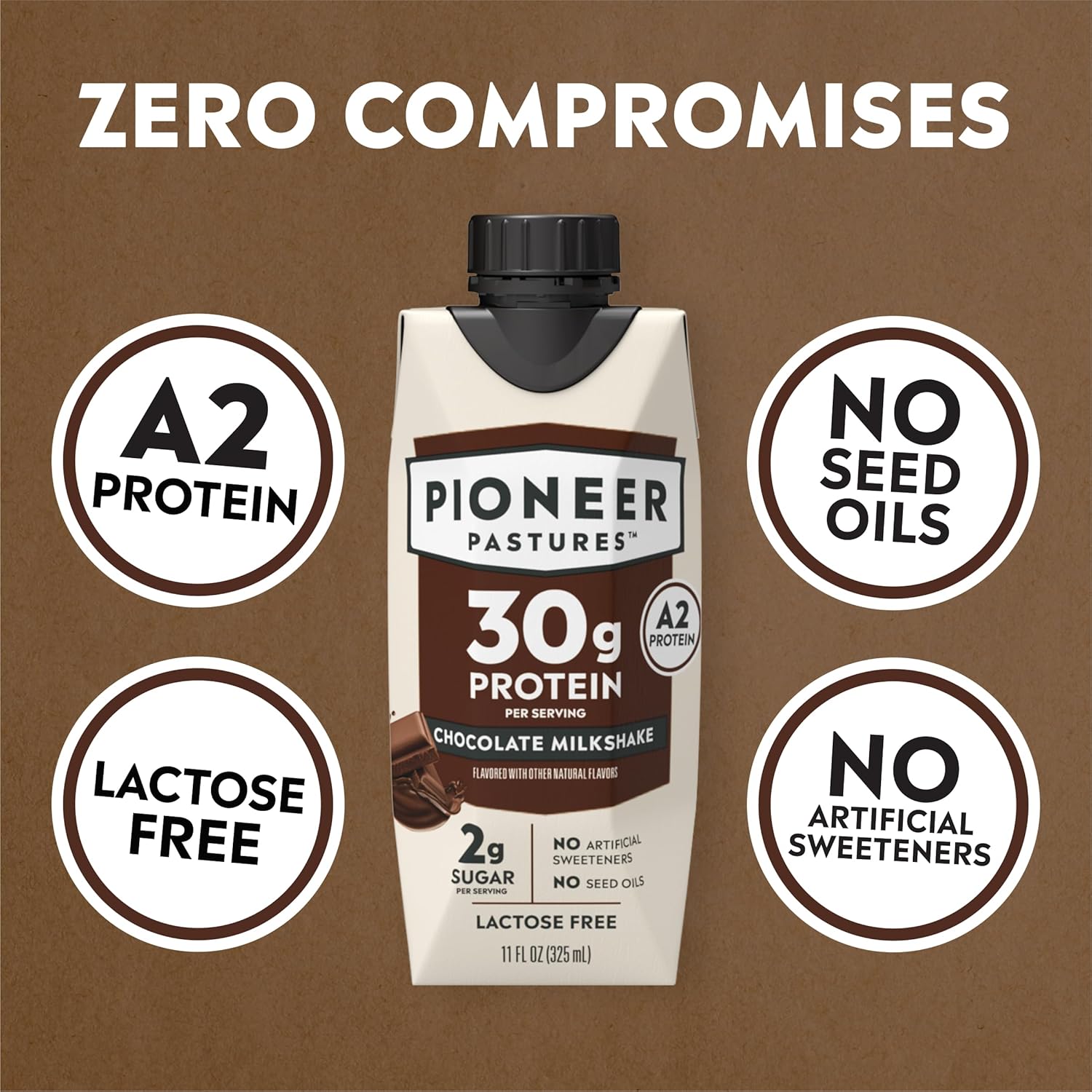 Pioneer Pastures - High Protein A2 Milkshakes - Vanilla - A2 Nutritional Milk, 30g Protein, 2g Sugar, No Sweeteners, No Seed Oils - All-Natural, Breakfast Shake, Meal Replacement, Workout - 11oz, 12 Pack