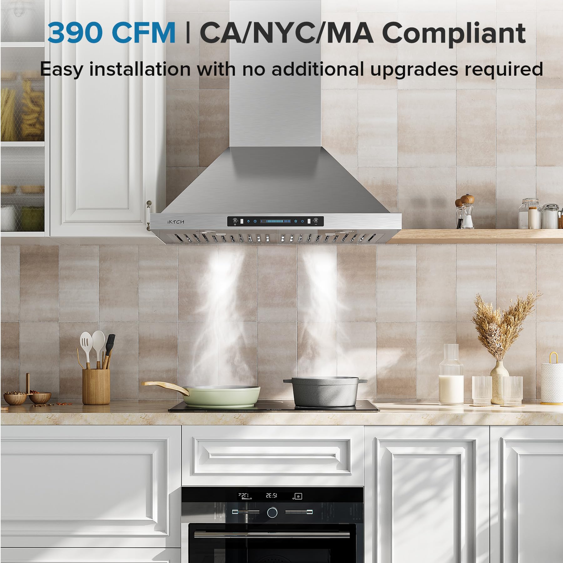 IKTCH 30-inch Wall Mount Range Hood 900 CFM Ducted/Ductless Convertible, Kitchen Chimney Vent Stainless Steel with Gesture Sensing & Touch Control Switch Panel, 2 Pcs Adjustable Lights(IKP02-30'')