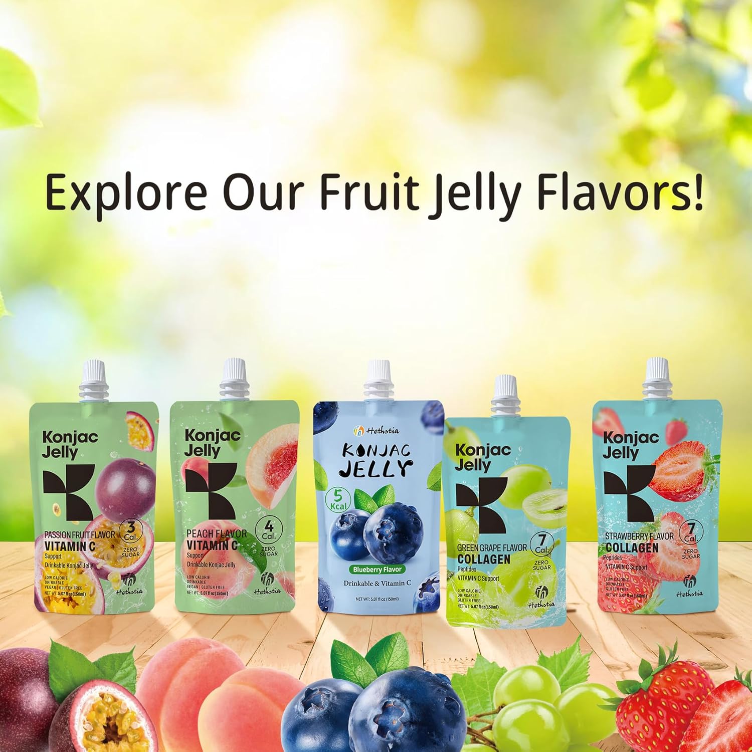 Hethstia Konjac Jelly Variety Pack, 10 Pouches Drinkable Jelly– Blueberry, Peach, Passion Fruit, Green Grape, Strawberry – Low Calorie Snack with Vitamin C, Keto, Gluten-Free, On-the-Go Healthy Treat