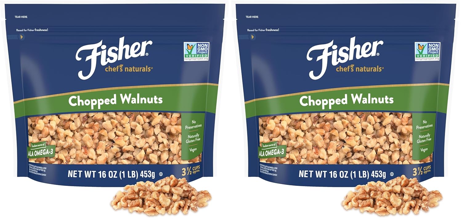 Fisher Chef's Naturals Walnut Halves & Pieces 2 lb, 100% California Unsalted Walnuts for Baking & Cooking, Healthy Snacks for Adults, Resealable Bag, Vegan Protein, Keto Snack, Chopped Nuts, Topping