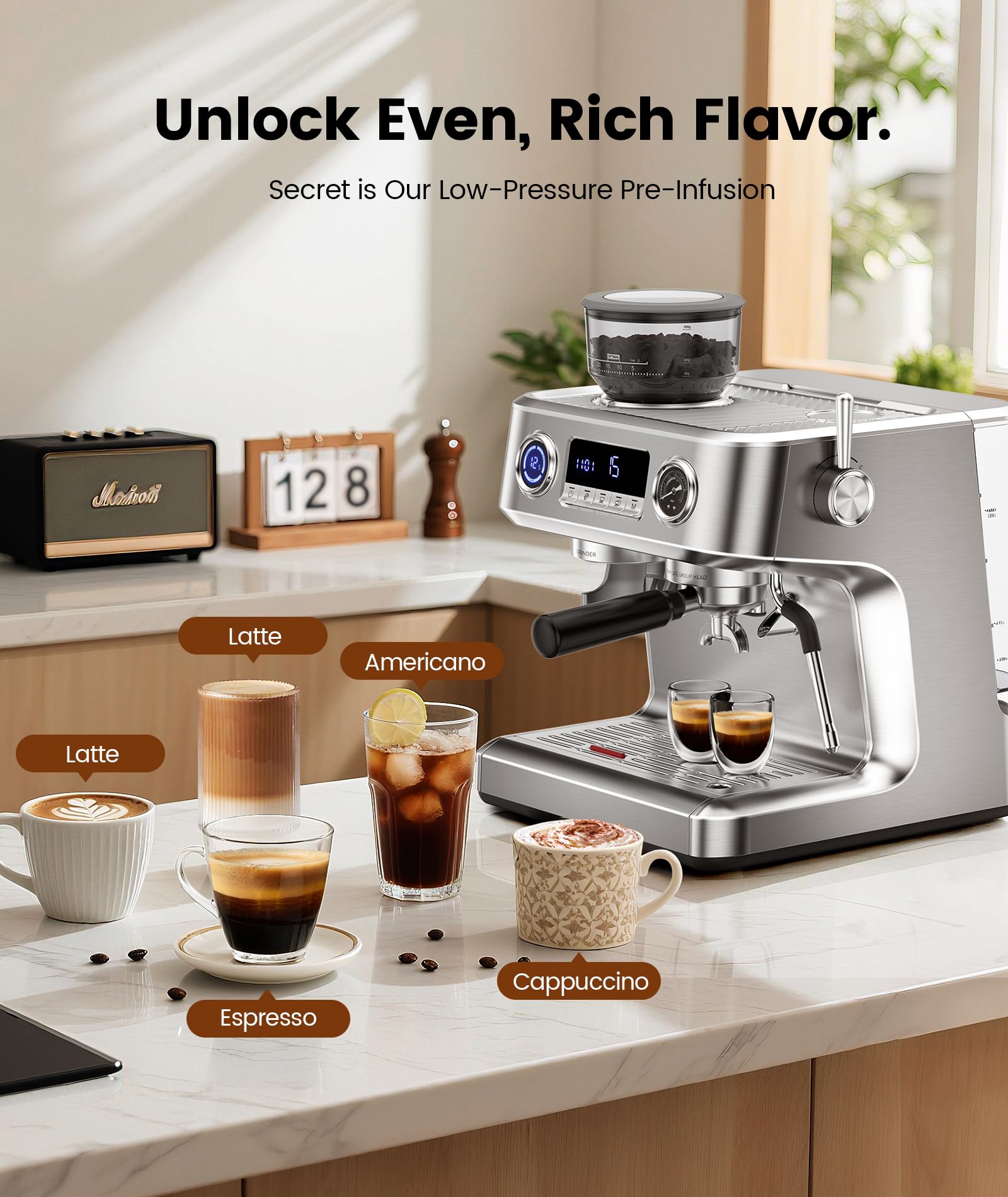 COWSAR 20 Bar Espresso Machine with Grinder & Milk Frother Steam Wand, 58mm Expresso Coffee machines, Commercial Stainless Steel Coffee Maker for Cappuccino and Latte, Perfect for Home Café-Pro