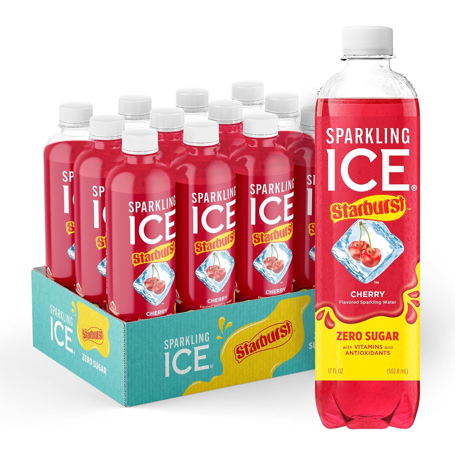 Sparkling Ice® STARBURST™ Variety Pack, Zero Sugar Flavored Sparkling Water, with Vitamins and Antioxidants, Low Calorie Beverage, 17 fl oz, 12 count (Strawberry, Cherry, Fruit Punch, Watermelon)