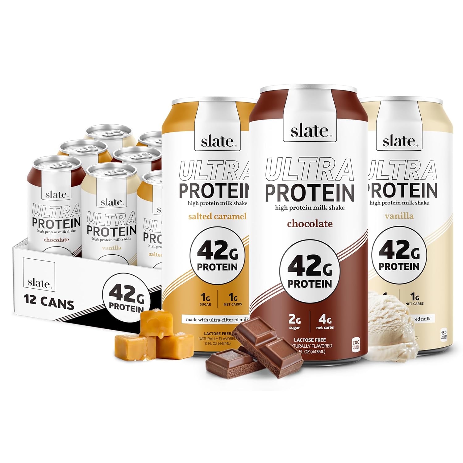 Slate Milk - Ultra Protein Shake - Vanilla - 42g Protein, 1g Sugar, 180 Calories, 1g Net Carbs - Lactose Free, No Added Sugar - Made with Ultra Filtered Milk - Breakfast Boost, Post Workout - 15 fl oz, 12 Cans