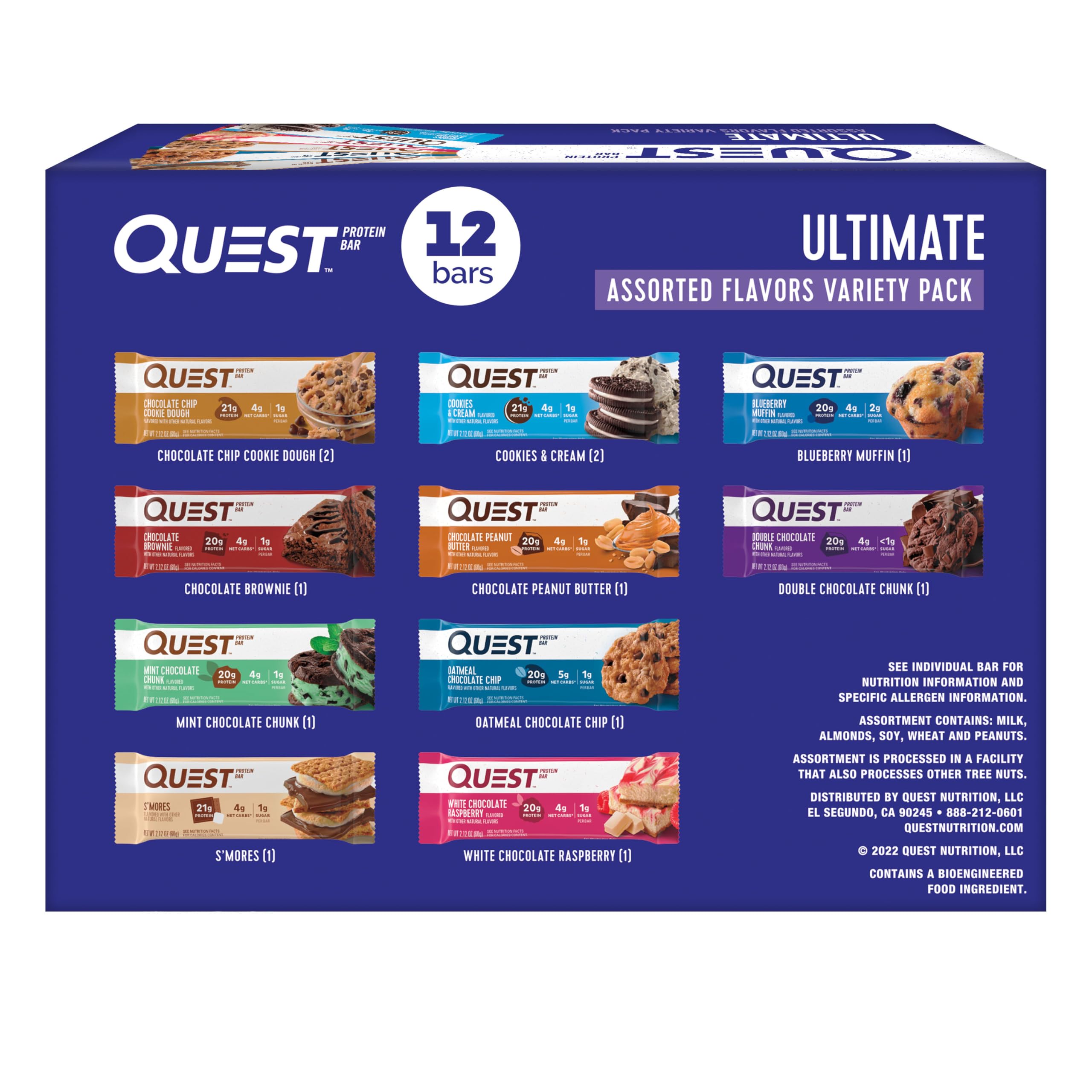 Quest Nutrition Chocolate Chip Dough Cookie Protein Bars, 21g Protein, 1g Sugar, 4g Net Carb, High Fiber, Gluten Free, Keto Friendy, 12 Count