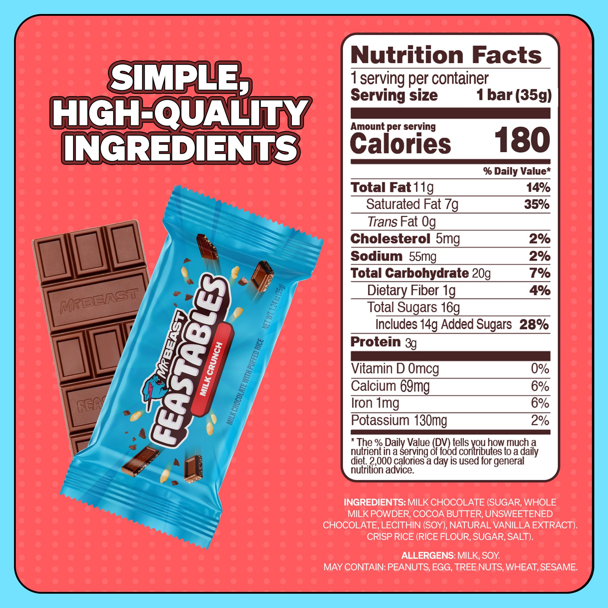 Feastables MrBeast Milk Chocolate Chocolate Bar, Full Size Bar for Adults & Kids, Candy Bars, Snacks, Gifts, or Dessert, Sweet & Creamy Fairtrade Cocoa, 1.24 Oz Each, 24 Count