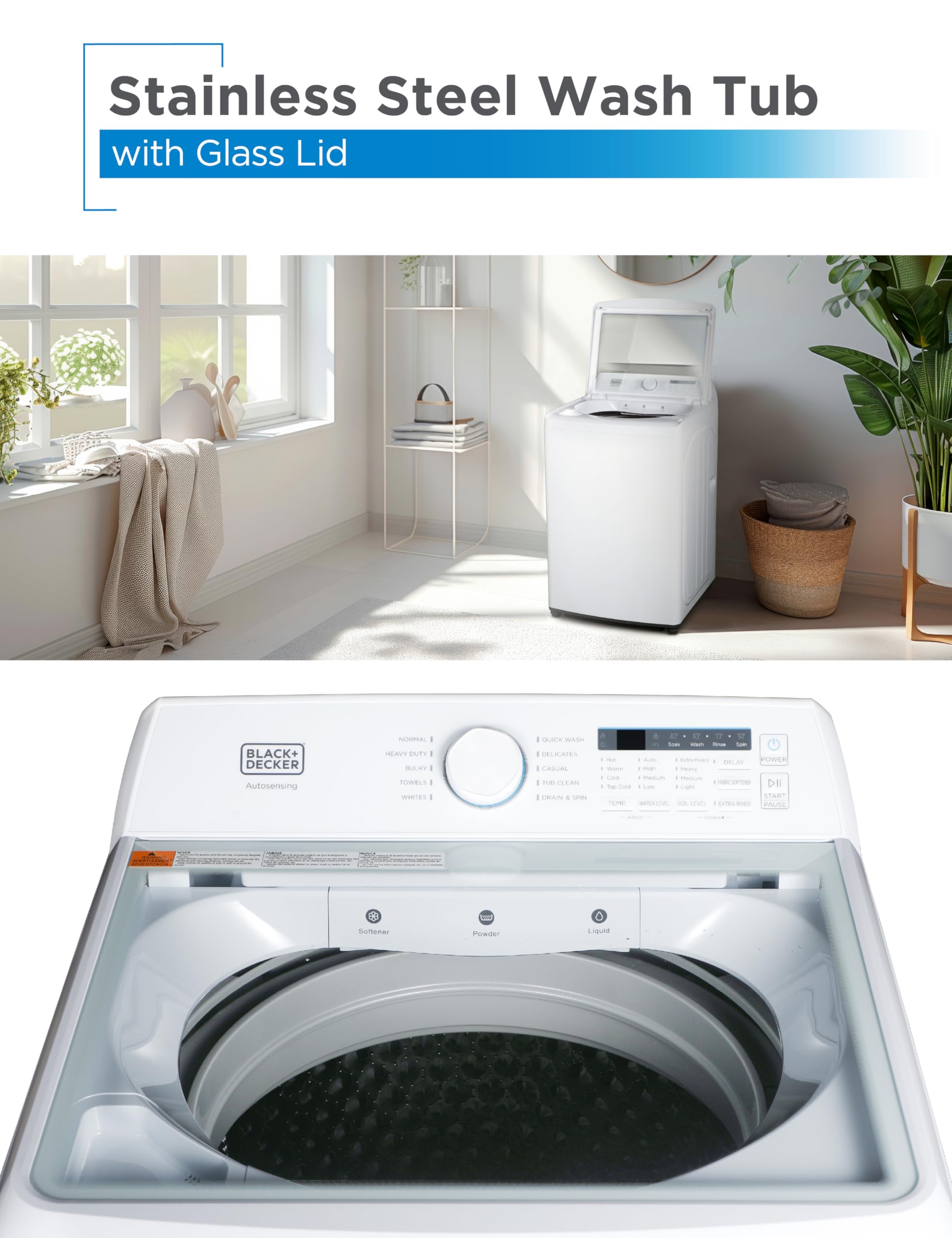 BLACK+DECKER Small Portable Washer, Washing Machine for Household Use, Portable Washer 2.0 Cu. Ft. with 6 Cycles, Transparent Lid & LED Display