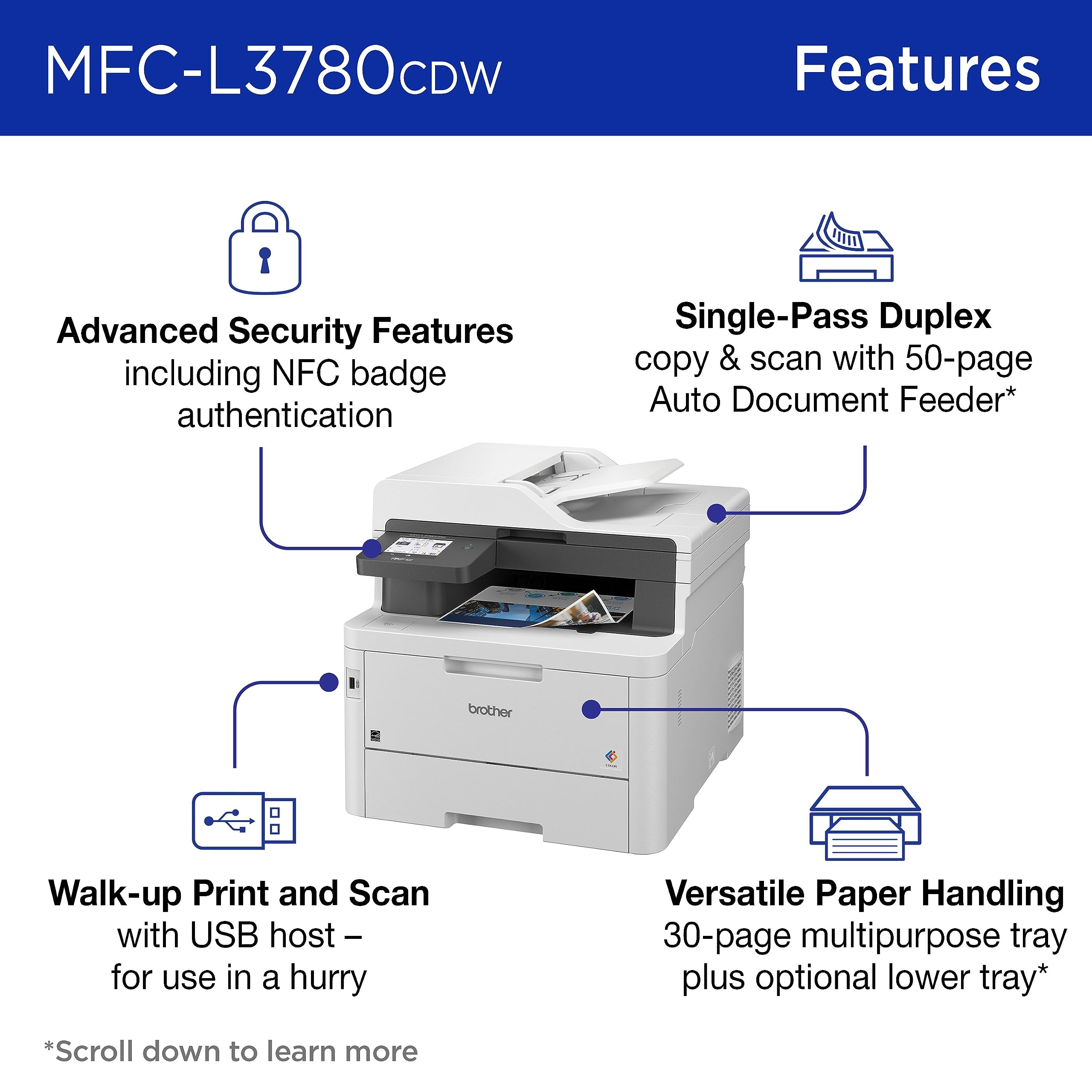 Brother MFC-L3780CDW Wireless Digital Color All-in-One Printer with Laser Quality Output, Single Pass Duplex Copy & Scan | Includes 2 Month Refresh Subscription Trial, Works with Alexa