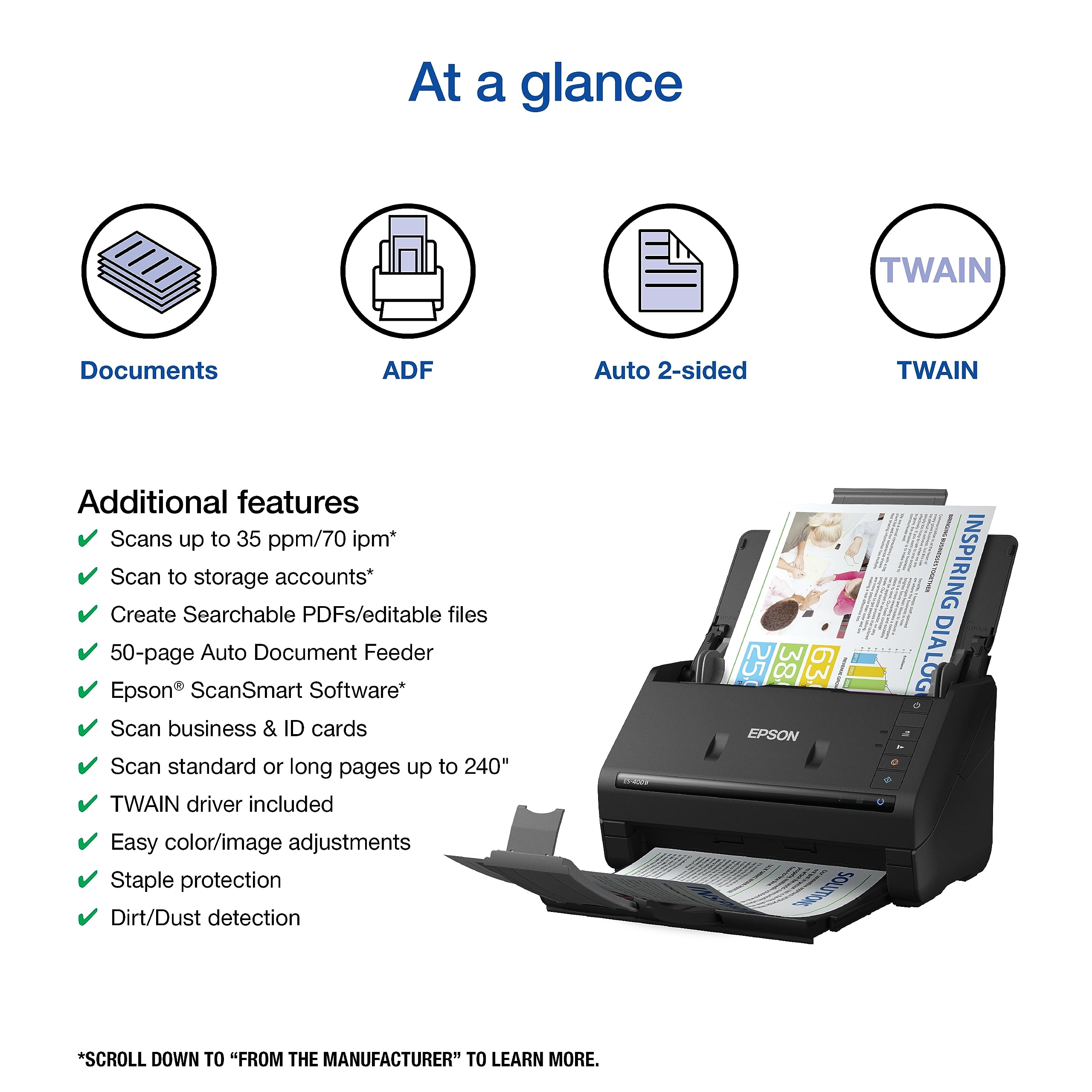 Epson Workforce ES-400 II Color Duplex Desktop Document Scanner for Computers Including PC and Mac with Auto Document Feeder and Image Adjustment Tools