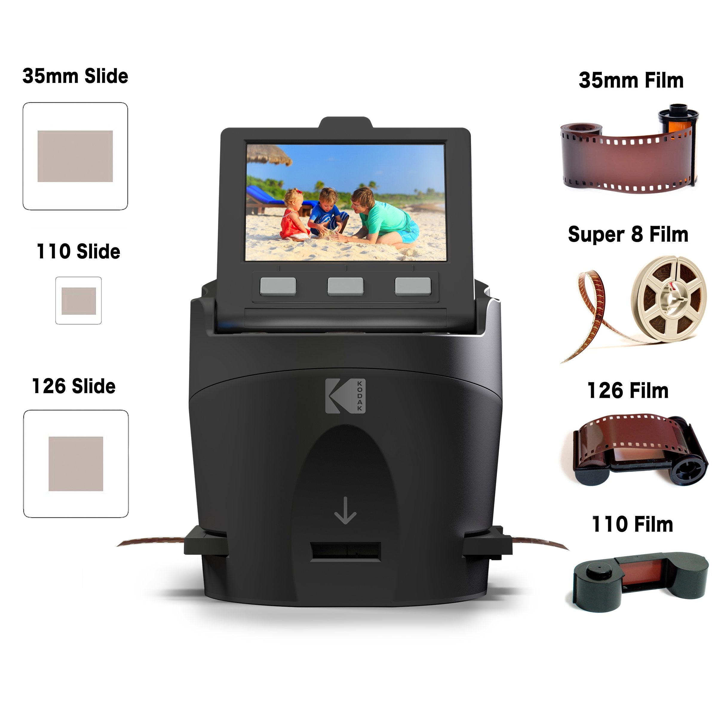 Kodak SCANZA Digital Film & Slide Scanner – Converts 35mm, 126, 110, Super 8 & 8mm Film to JPEG with 3.5" LCD, Easy-Load Inserts & Adapters