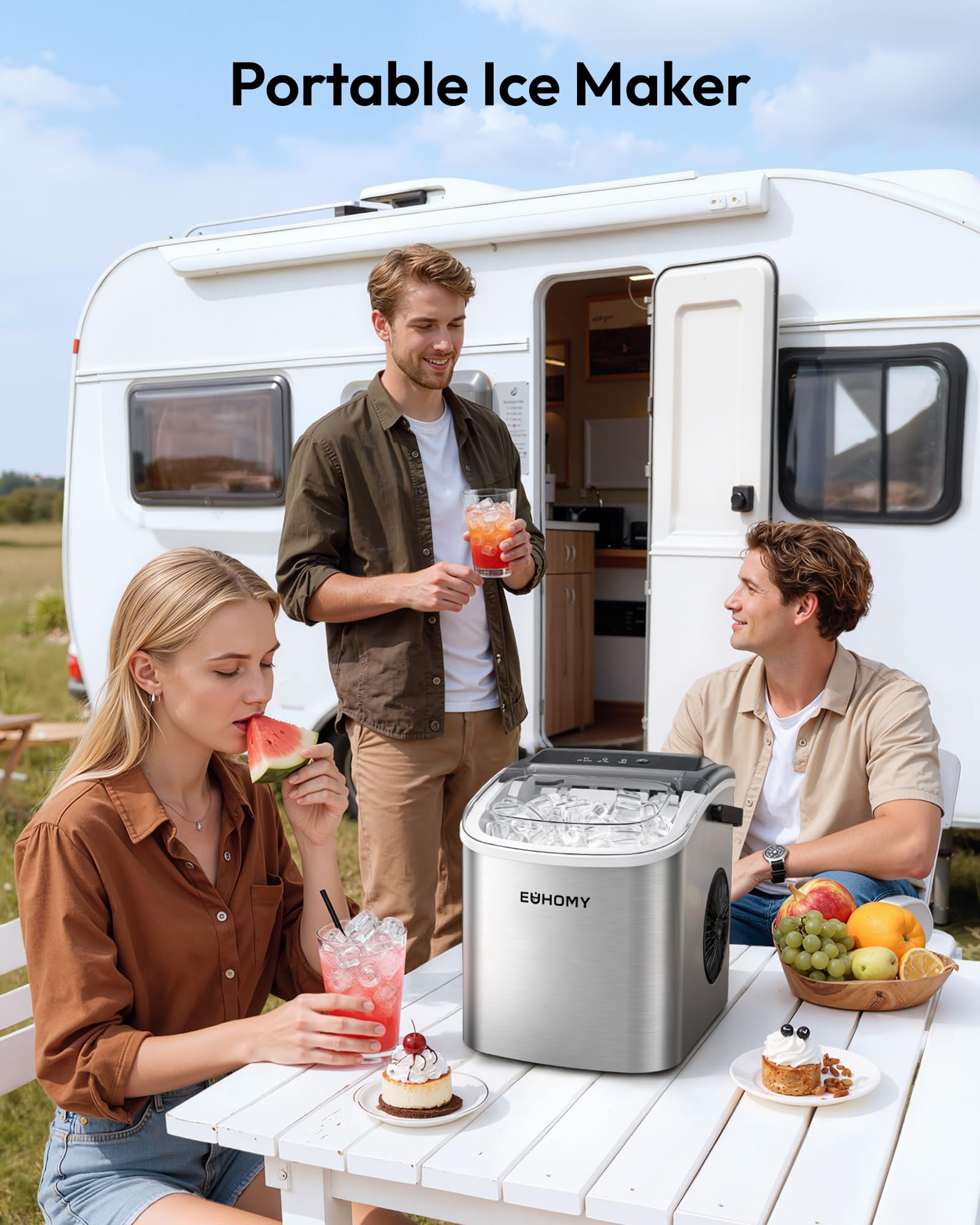 EUHOMY Countertop Ice Maker Machine with Handle, 26lbs in 24Hrs, 9 Ice Cubes Ready in 6 Mins, Auto-Cleaning Portable Ice Maker with Basket and Scoop, for Home/Kitchen/Camping/RV. (Black)